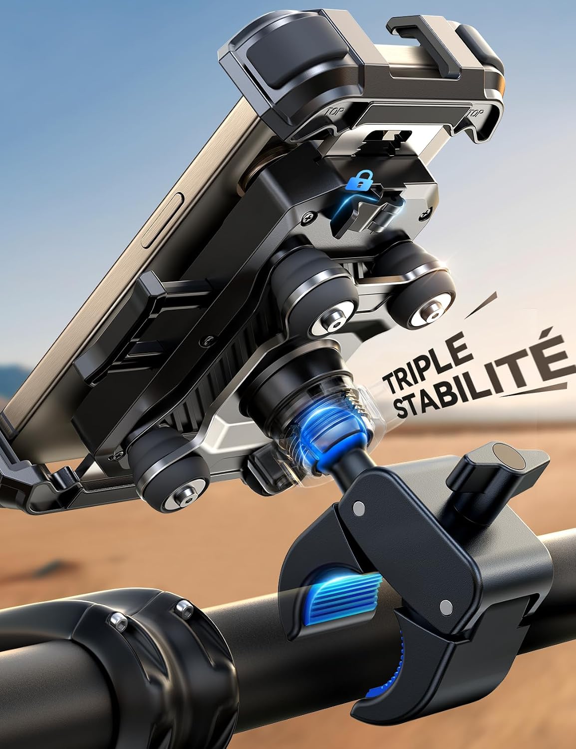Detalle 2 de JOYROOM Support de téléphone pour moto et vélo — double amortissement, ouverture en un clic et rotatif 360° pour iPhone 17