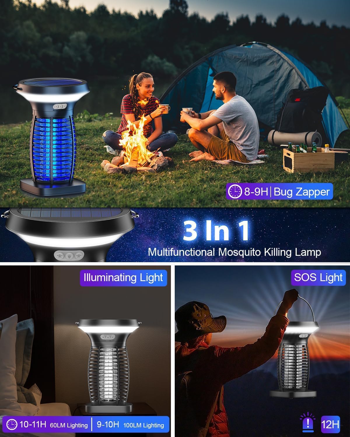 Thumbnail 3 de Solar Bug Zapper Outdoor Waterproof, Portable & Rechargeable: 3-in-1 Mosquito Killer Lamp