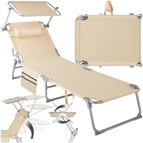 tectake Tumbona de jardín exterior plegable con reposacabezas y parasol (6 posiciones) en beige
