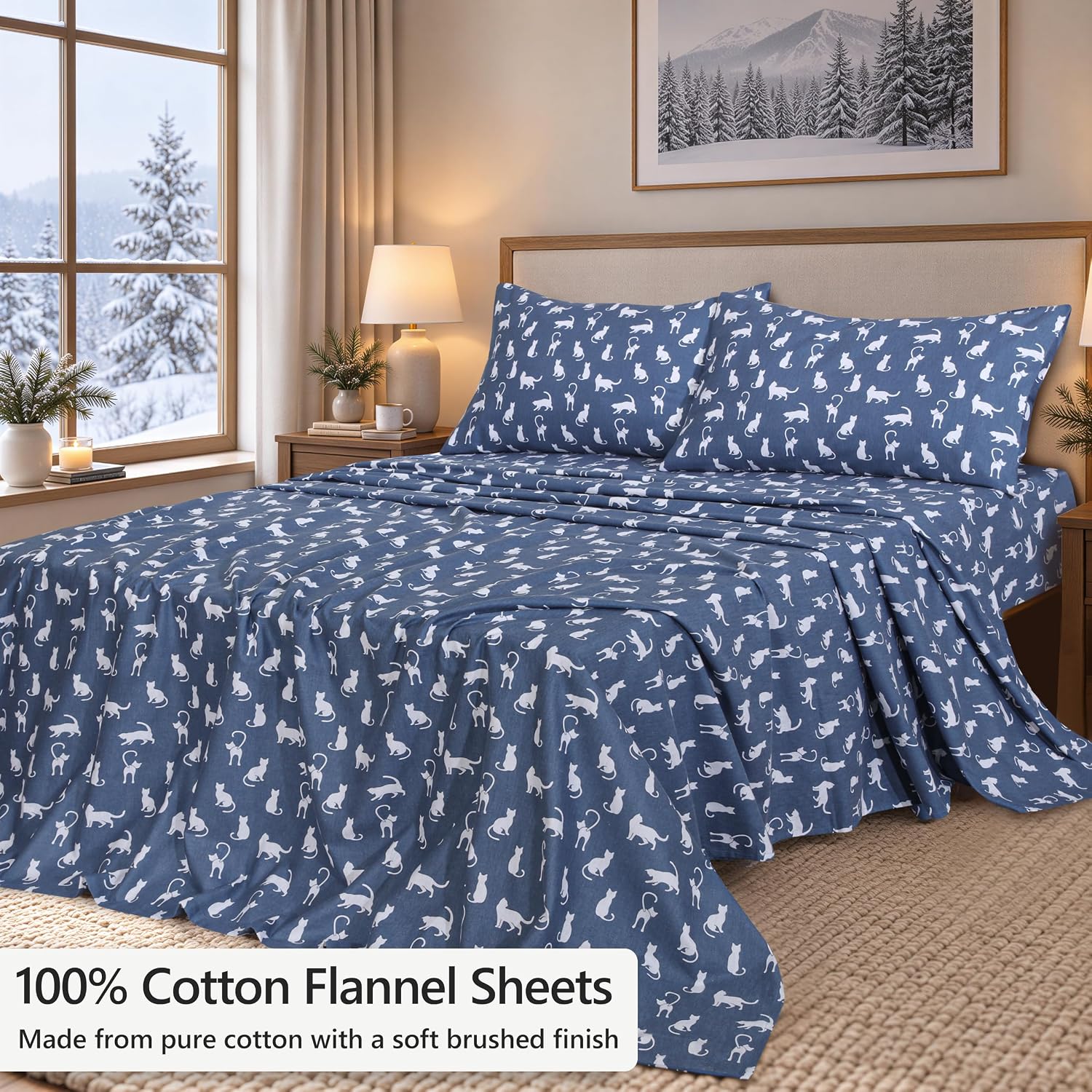 Detalle 2 de ZOYER Queen Flannel Sheets Set (100% Cotton) - Double Brushed, 16-Inch Deep Pockets, White Cat, 4-Piece