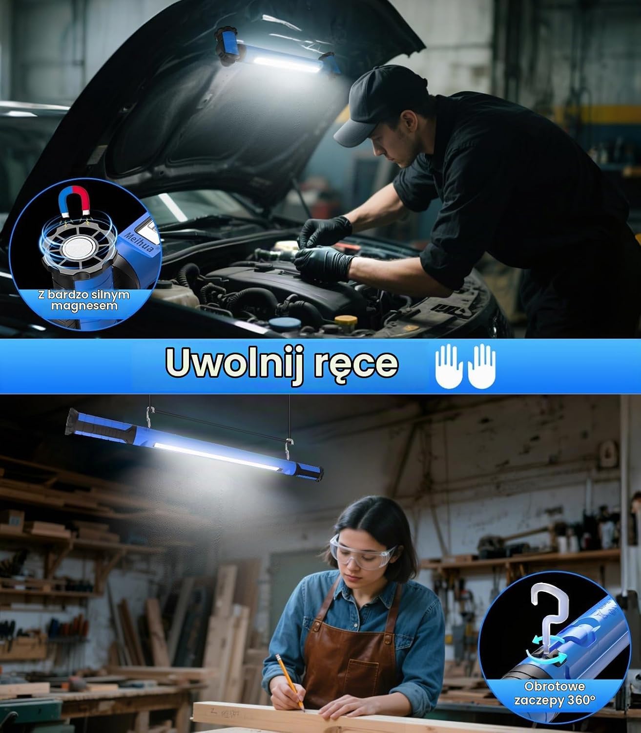 Detalle 2 de MEIHUA SWL-01 lampa robocza LED 3000 lm, 6 trybów, magnesy i hak