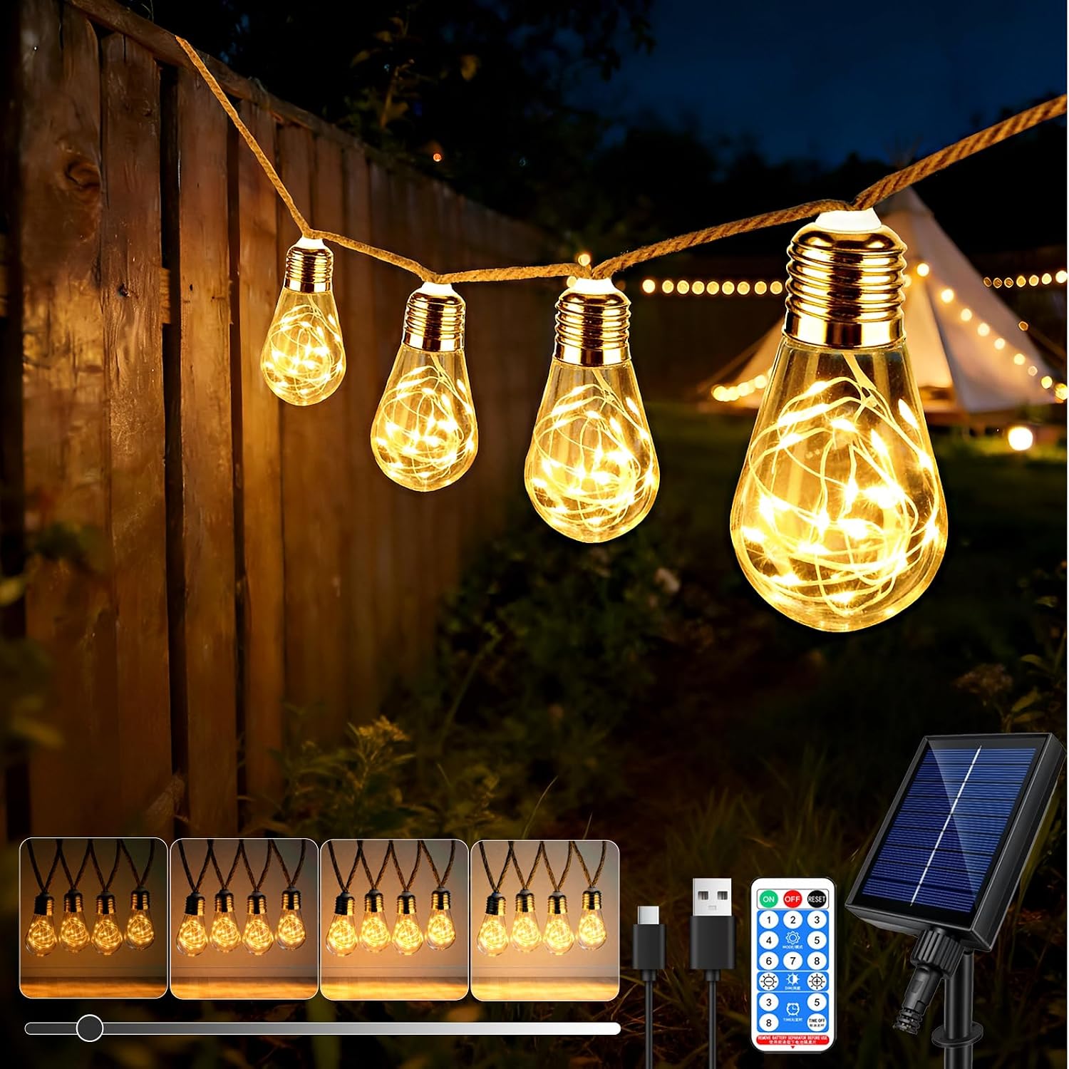 Detalle de Caldarax 8M 16 LED Catena Luminosa Esterno Solare – Decorazione a LED a scarica solare, 8 modalità, IP65, Bianco caldo