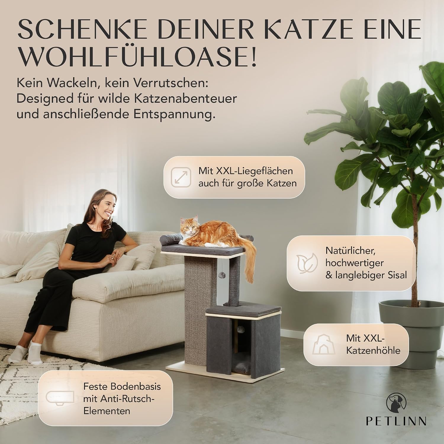 Detalle de Petlinn Premium Kratzbaum – stabiler Katzenbaum für große Katzen (95 cm) mit extrafester Stamm, Naturholz-Look und großzügigen Liegeflächen