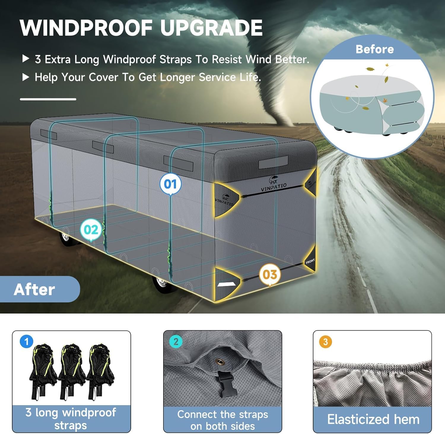 Thumbnail 3 de VINPATIO Class A RV Cover (34'-37') — Extra Thick 7-Layer, Heavy-Duty, Waterproof with Windproof Straps and Gutter Covers