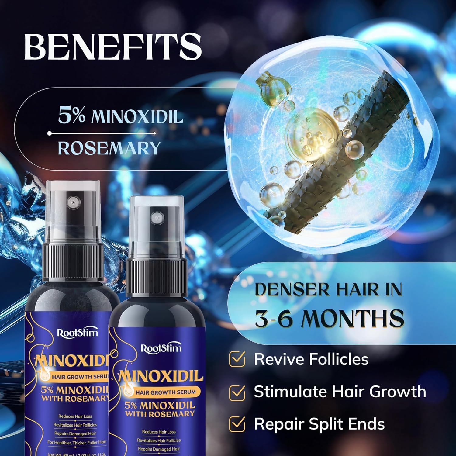 Detalle 2 de 5% Minoxidil Hair Growth Hair Loss Treatment Serum (2-Pack) with Rosemary – Extra Strength, for Men & Women