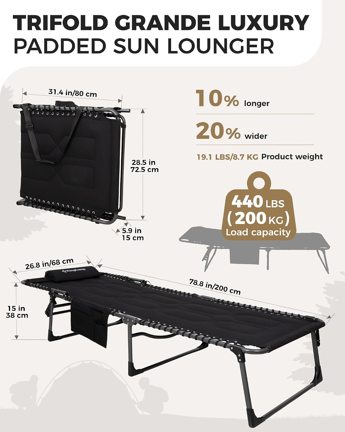 Thumbnail 2 de KingCamp Oversized Padded Sun Lounger for Garden – 200 kg Heavy Duty, 5-Position Adjustable Backrest