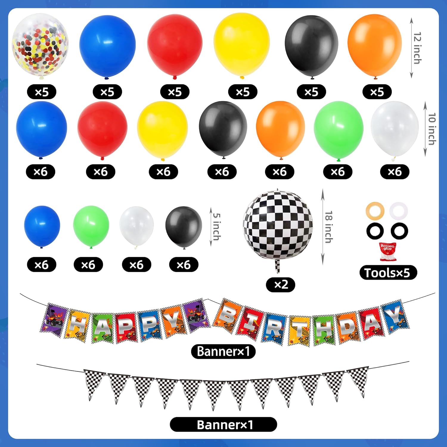 Thumbnail 3 de 140Pcs Monster Truck Birthday Decorations Kit with Backdrop and Checkered Tablecloth
