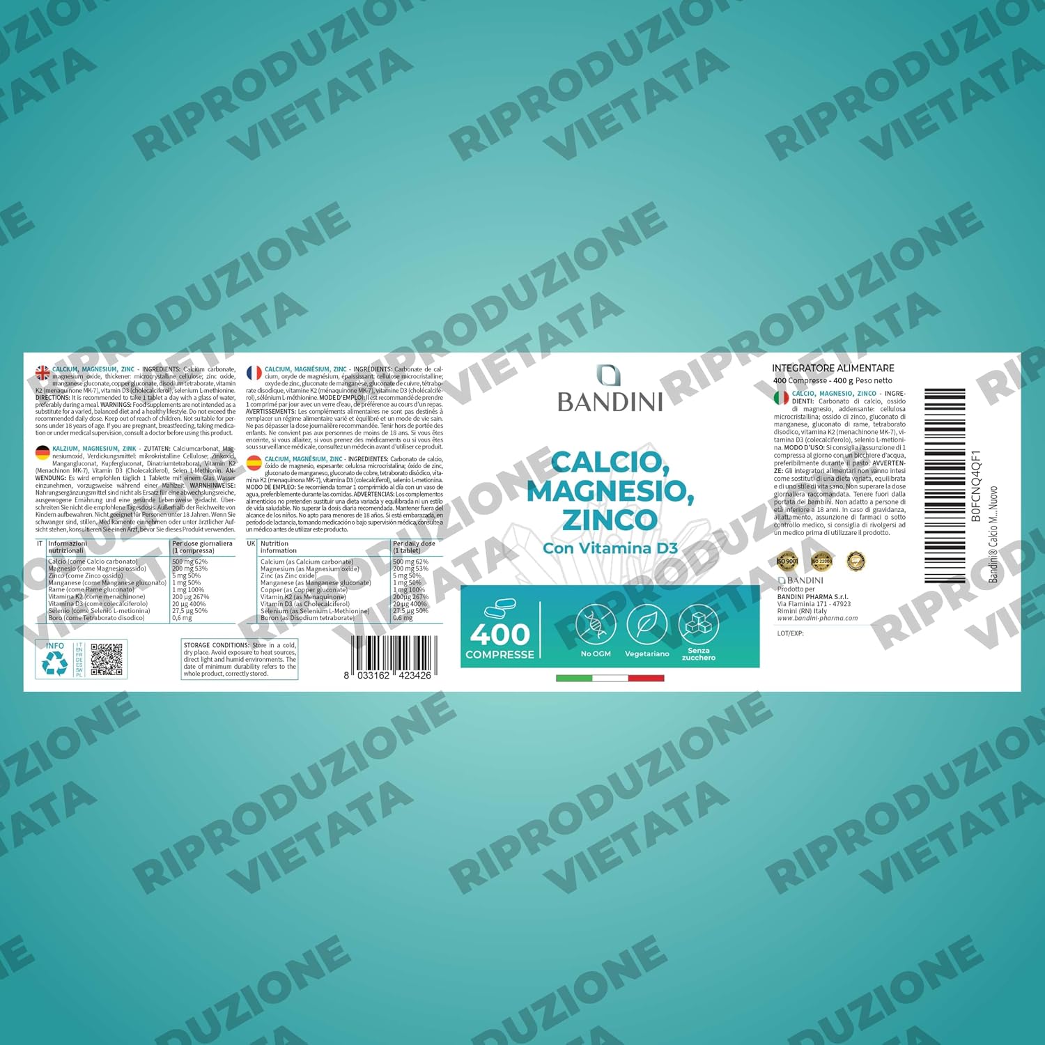 Detalle 1 de BANDINI Calcium Magnesium Zink met vitamine D3 + K2 MK7, 400 tabletten