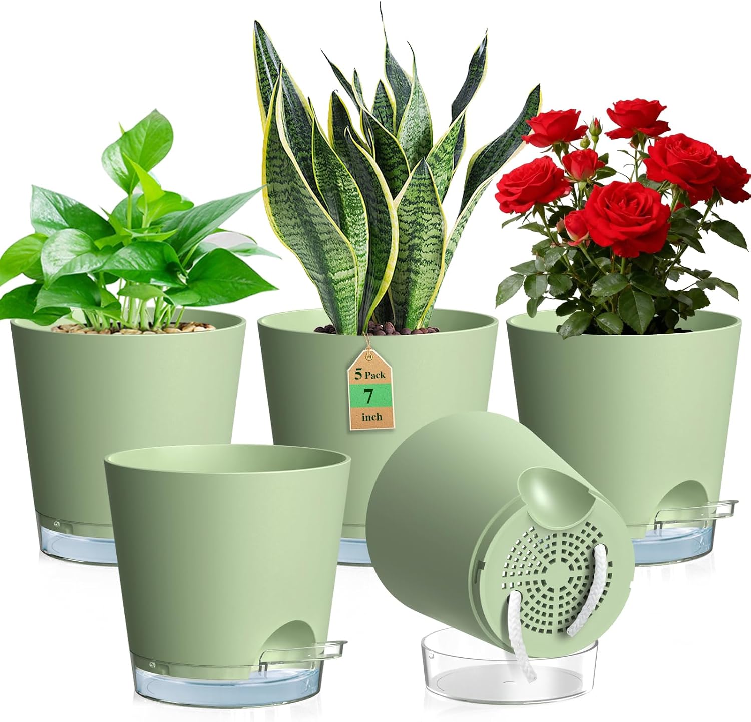 Detalle de WSMKSZ 17.6 cm Self-Watering Plant Pots Indoor, 5 Pack – Thick Plastic with Clear Reservoir