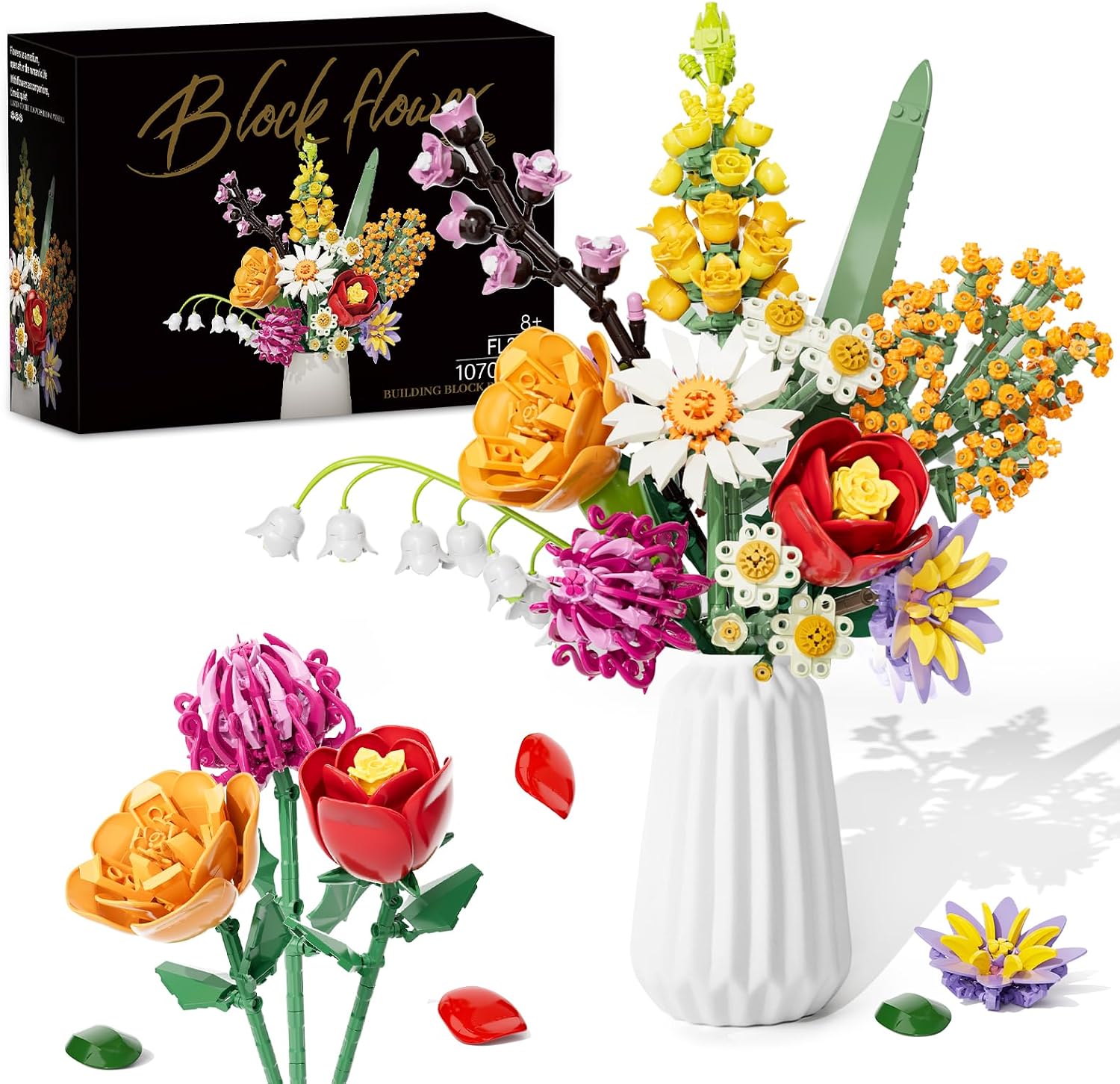 Detalle de Flowers Bouquet Building Sets for Adult – 1,070 PCS DIY artificial flower blocks kit with 10 flower types (No vase)