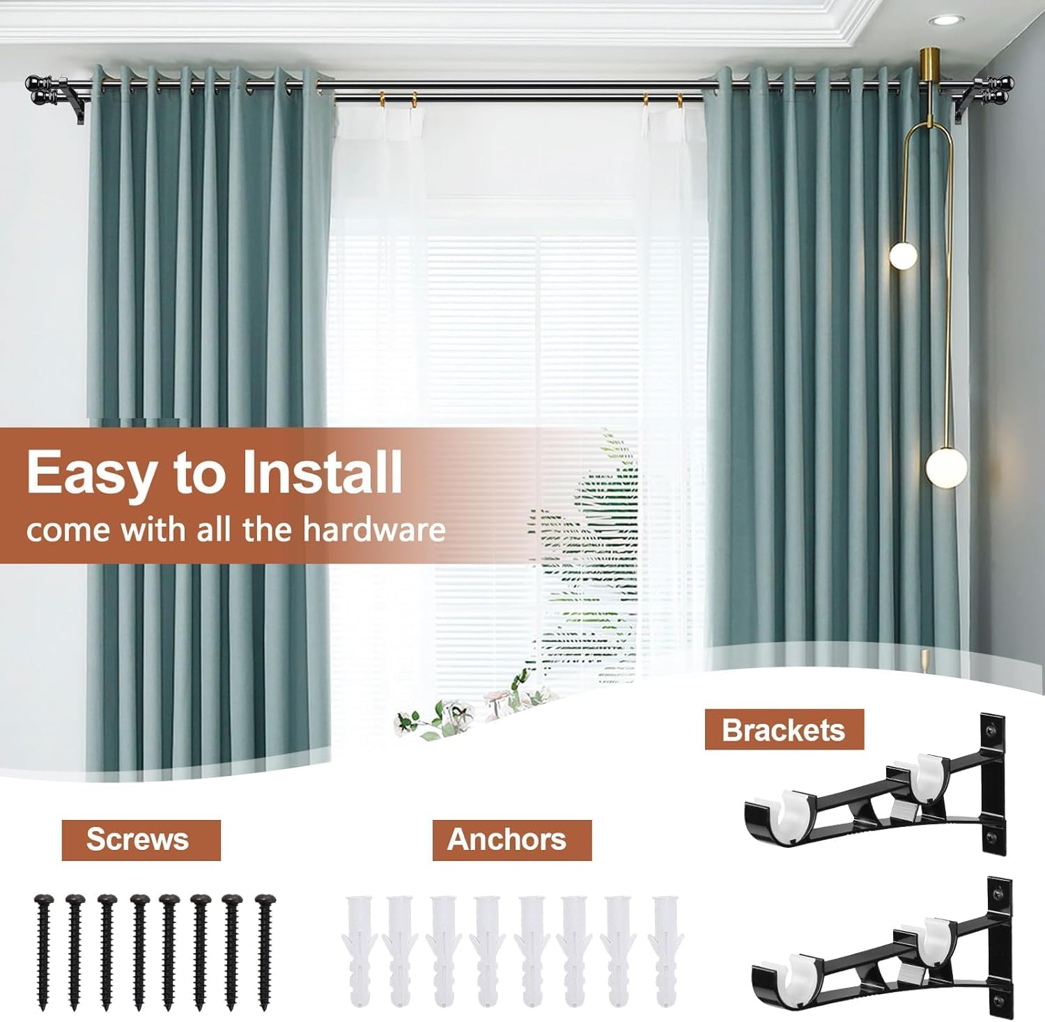 Detalle 1 de CALCHELE Black Double Curtain Rod, 1-Inch Stainless Steel, Adjustable Wall-Mounted Set