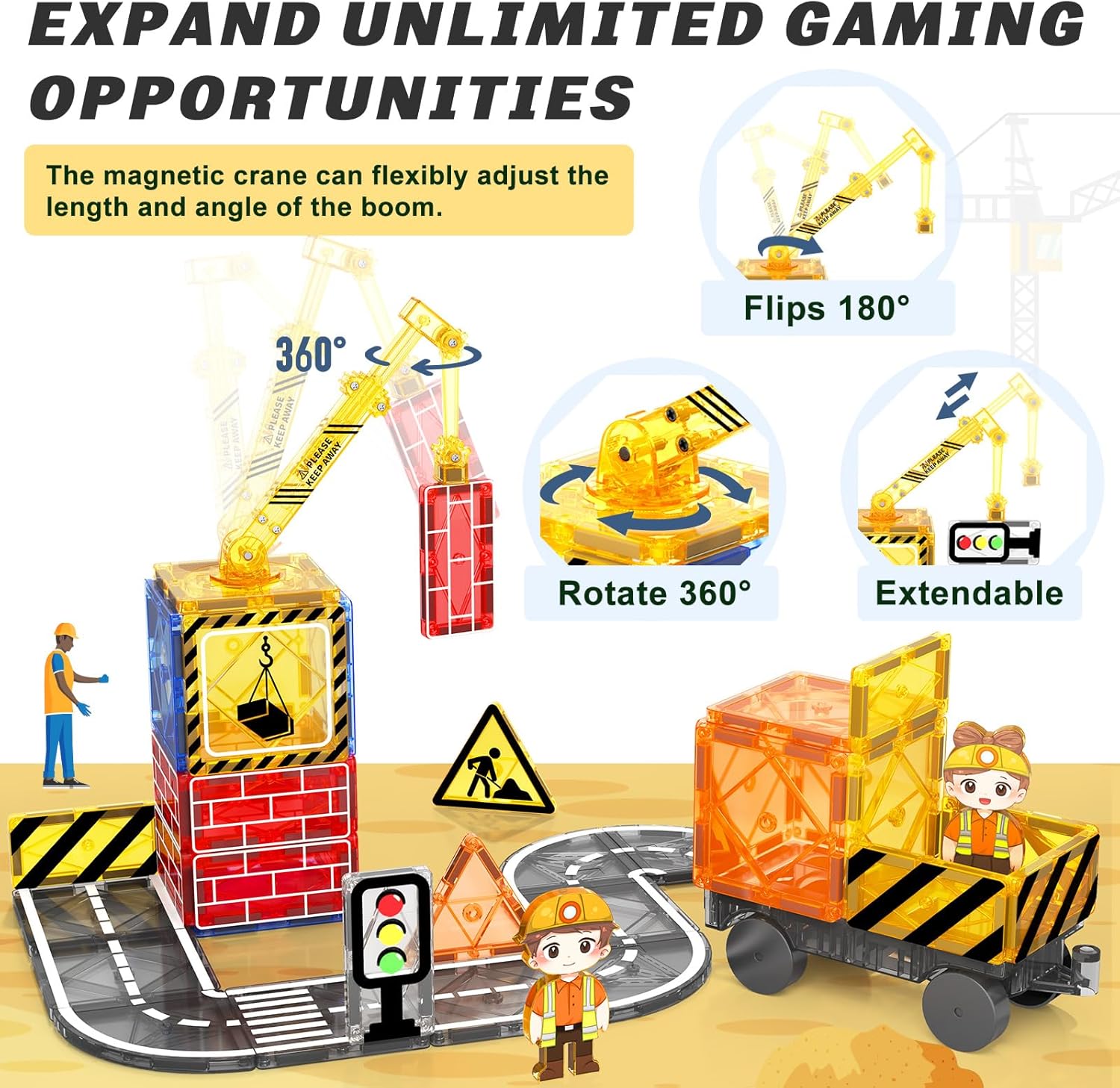 Detalle 2 de Kids Games Magnetic Tiles Road Set with Extendable Crane