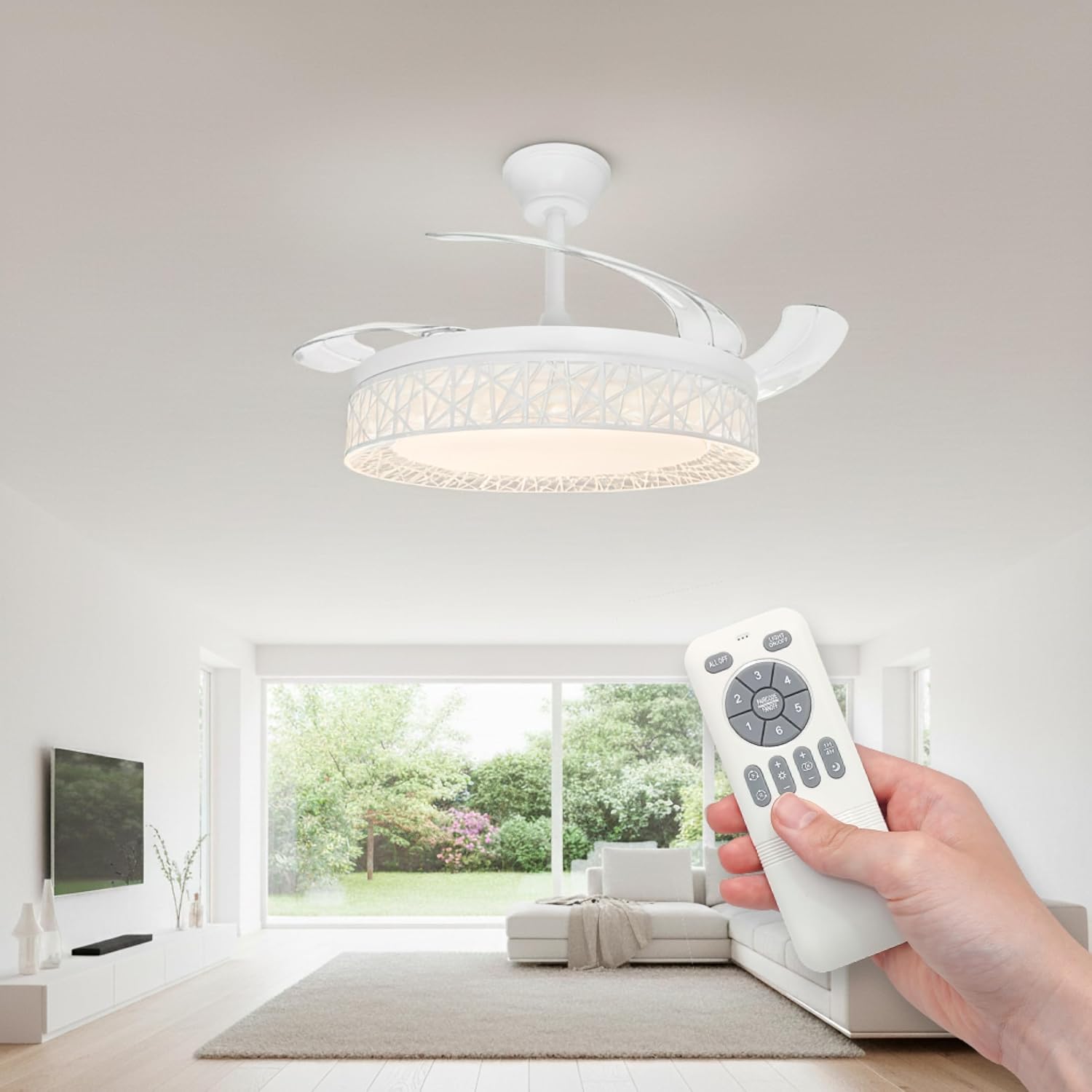 Detalle de LED ATOMANT ventilador de techo con luz LED 40W, motor DC 32W y 4 aspas retráctiles de Ø109 cm