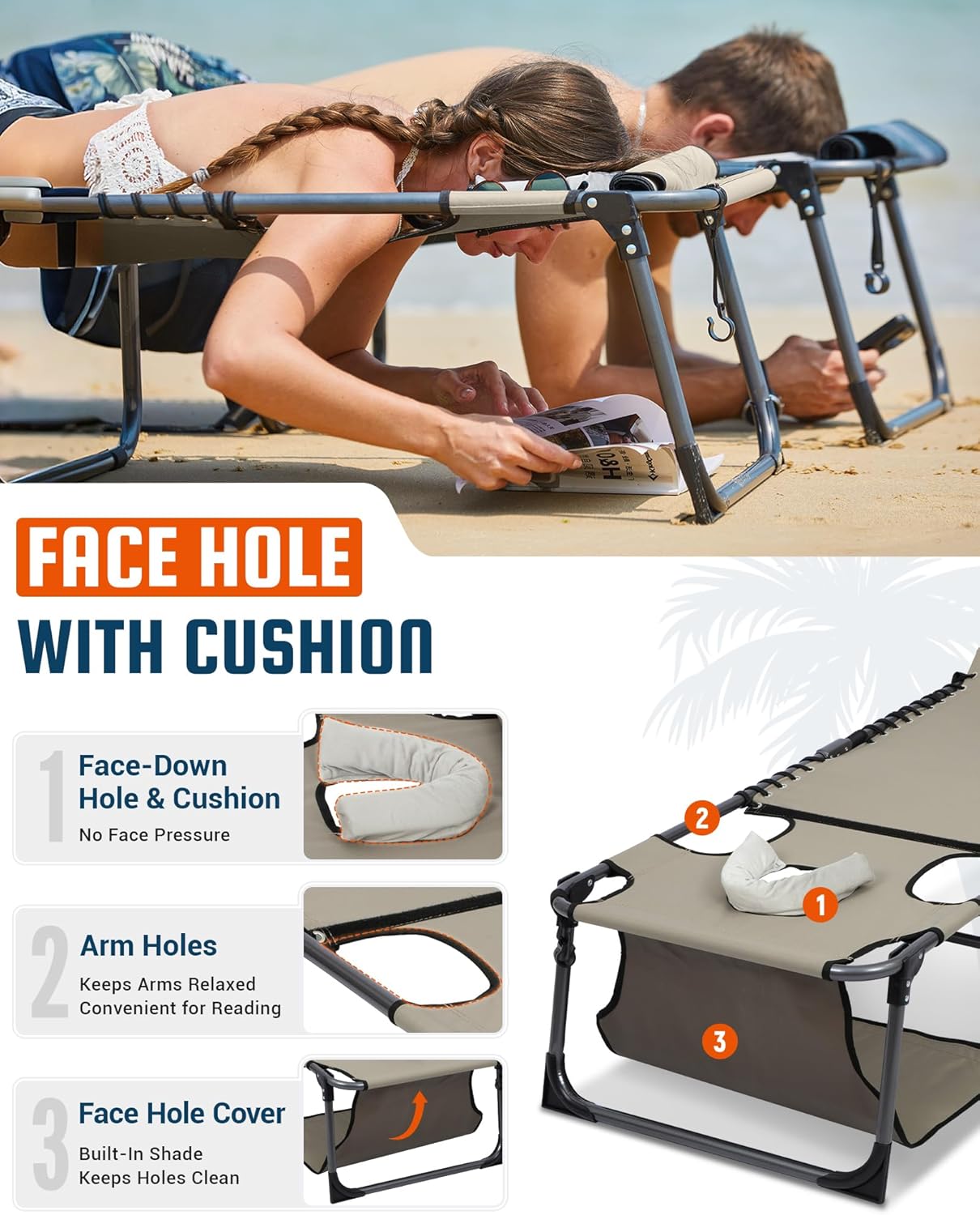 Thumbnail 4 de KingCamp Lounge Chair with Face Hole & Canopy Shade — 5-Position Folding Beach Sun Tanning Chair (400LBS)