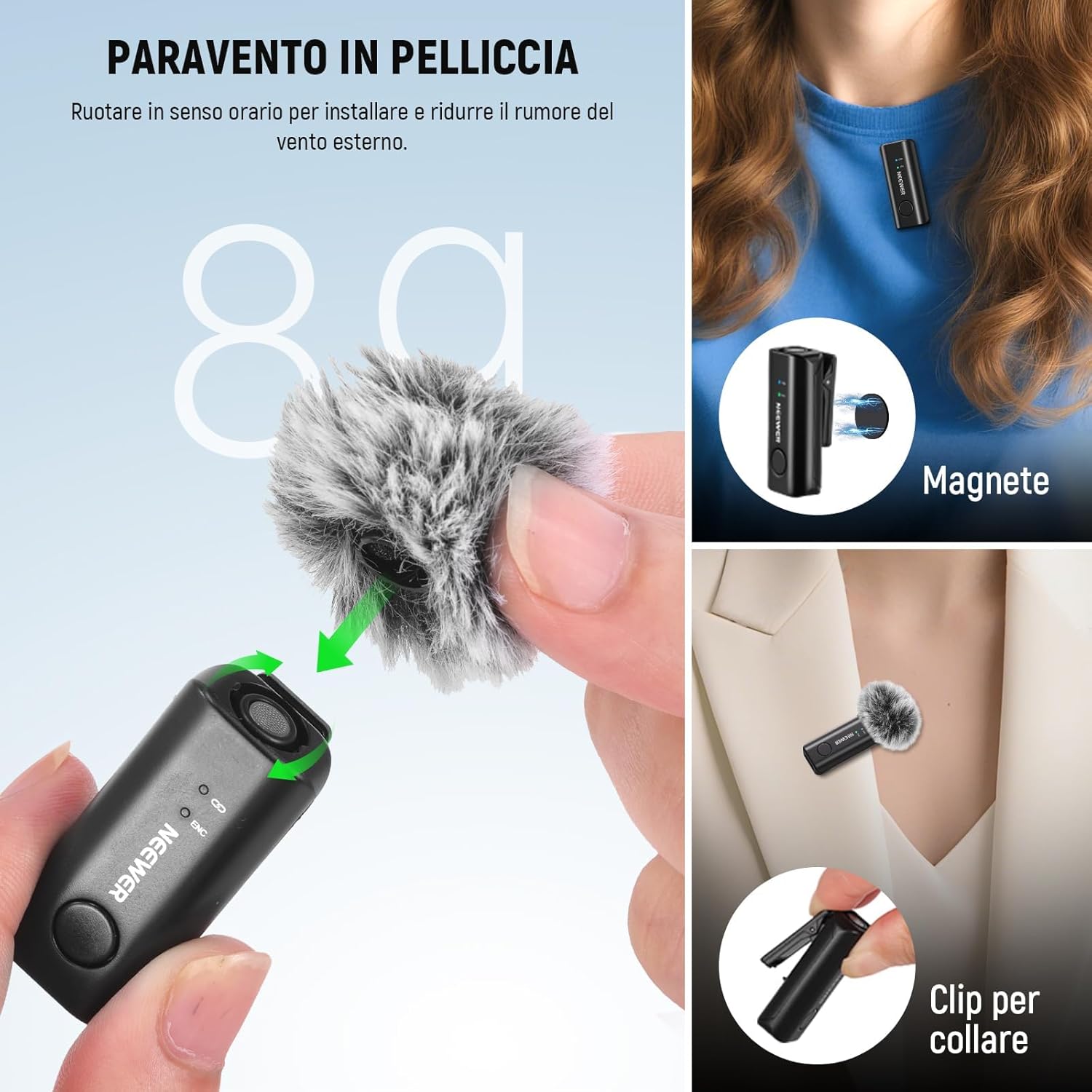 Detalle 2 de NEEWER KM23Max: microfono lavalier wireless con 1 RX + 2 TX, omnidirezionale 48 kHz/24 bit e anti-rumore