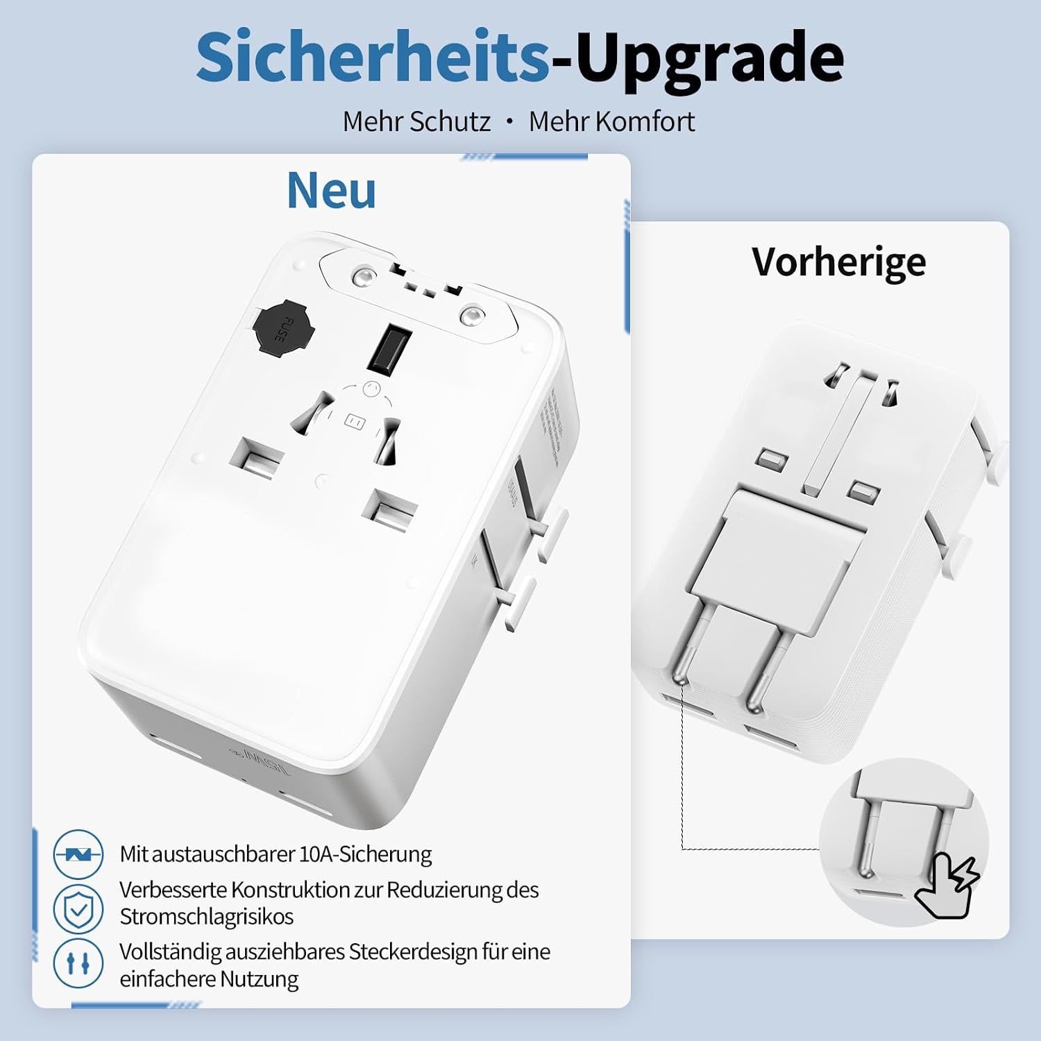 Thumbnail 4 de UPXNBOR Ultra-flacher Reiseadapter 2026 mit 1× USB-A und 2× USB-C (weltweit)
