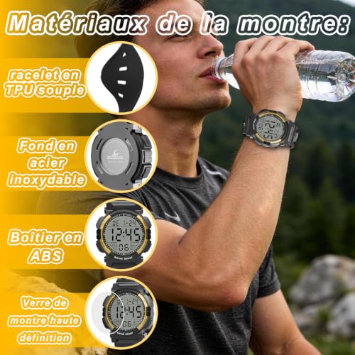 Thumbnail 5 de Juboos montre numérique pour homme, LED, chronomètre au 1/100 s, 3 ATM