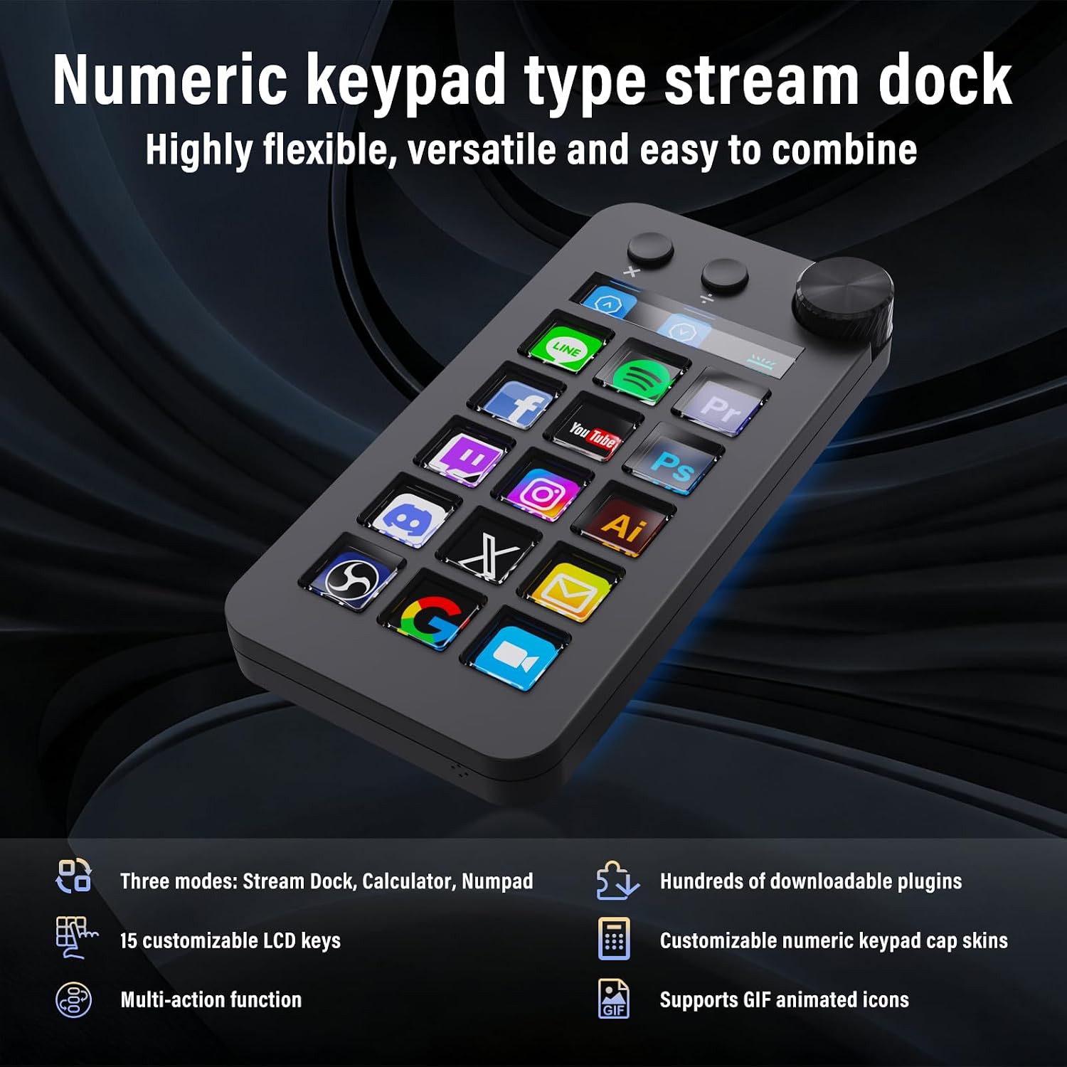 Detalle de ActionRing N1 Streaming Deck, 15 Customizable LCD Keys, 3 Modes and Dial