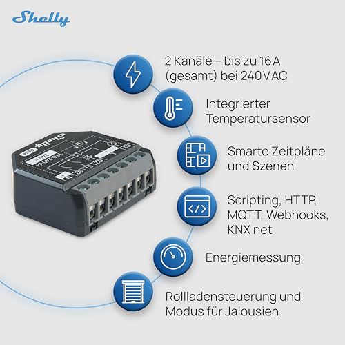 Detalle de Shelly 2PM Gen4 – WLAN 2‑Kanal Relais-Schalter, Zähler & Matter-Kompatibilität (4er‑Set)