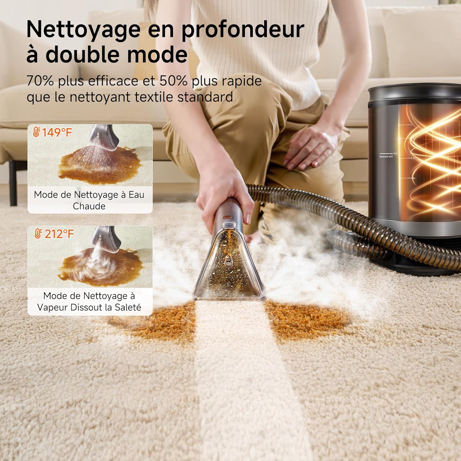 Thumbnail 1 de Nettoyeur vapeur Uwant B400 (vapeur + eau chaude) pour canapé et tissus, aspiration 18 kPa, portable avec 4 accessoires