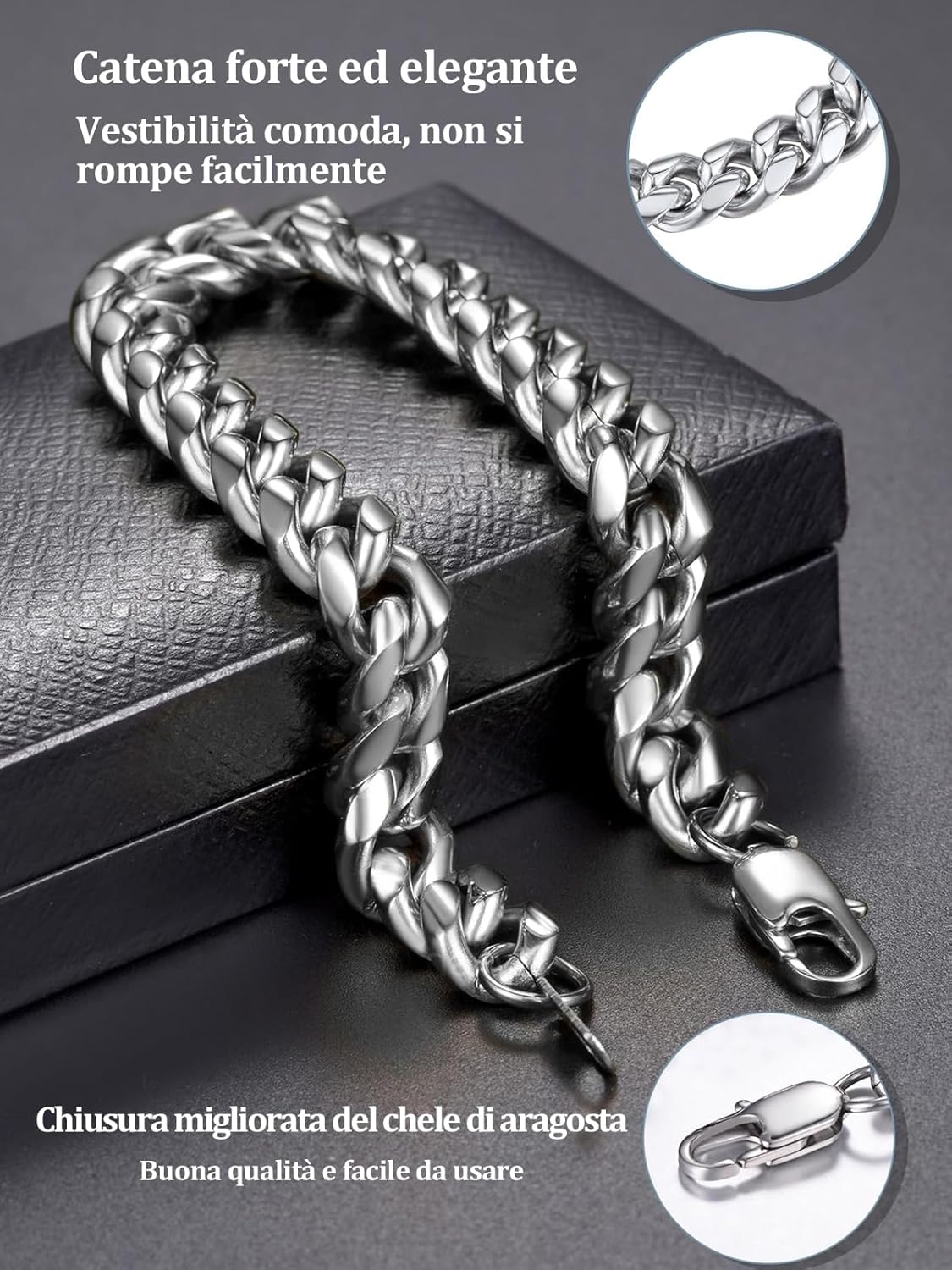 Thumbnail 6 de PROSTEEL Bracciale da uomo in acciaio inox placcato oro con catena a maglie e doppio anello (lunghezze 16/19/21 cm)