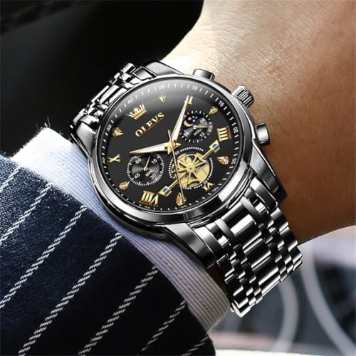 Thumbnail 6 de OLEVS Armbanduhr Herren – Klassisch Schwarz Edelstahl 42 mm, Multifunktionsuhr, 3 Bar Wasserdicht