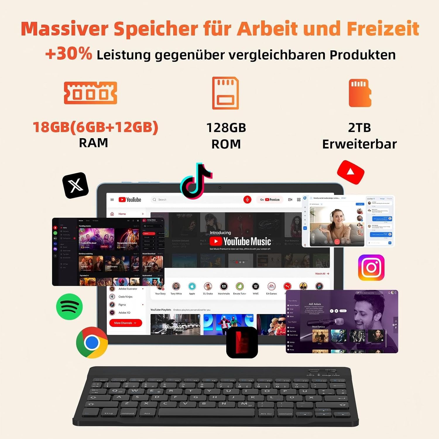 Detalle de AWOW 11-Zoll Tablet mit Tastatur – Android 15, 18 GB RAM, 128 GB Speicher, microSD bis 2 TB, WiFi 6