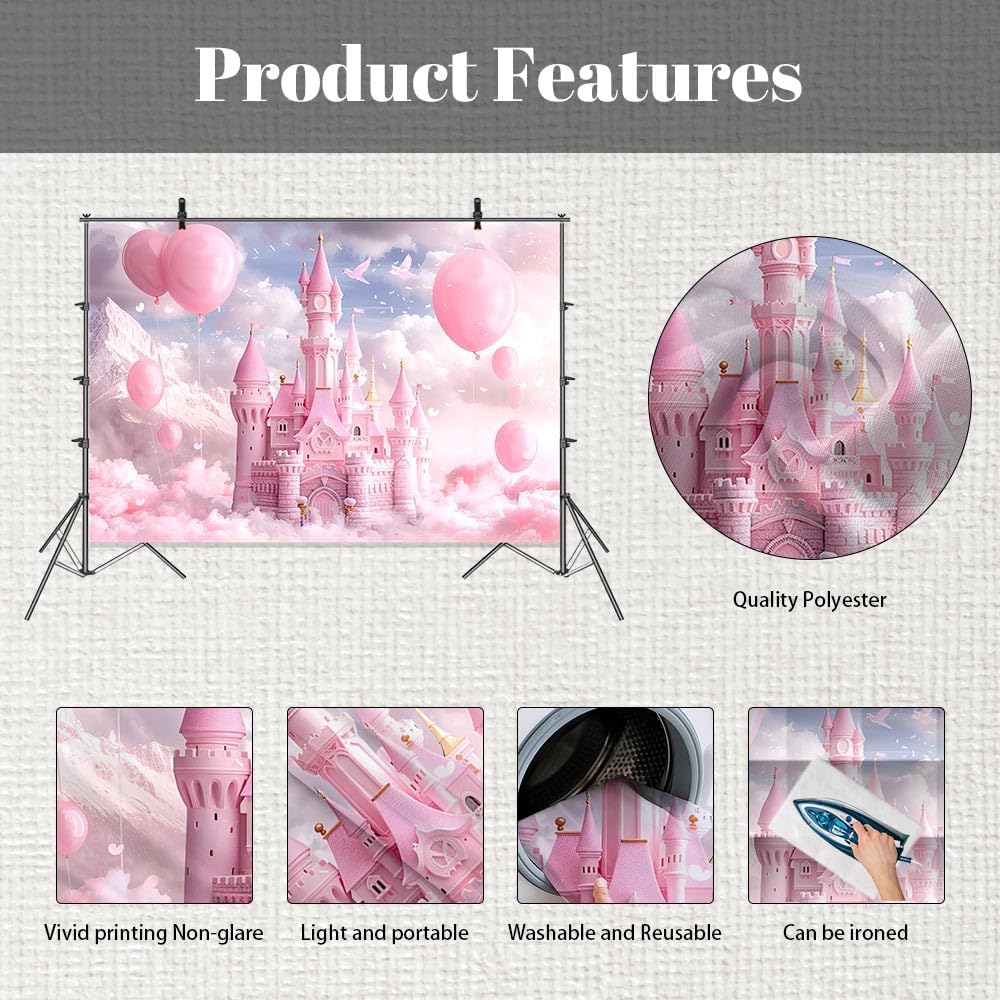 Thumbnail 5 de MEHOFOND 7x5ft Girls Birthday Photo Background (Pink Balloons & Castle)