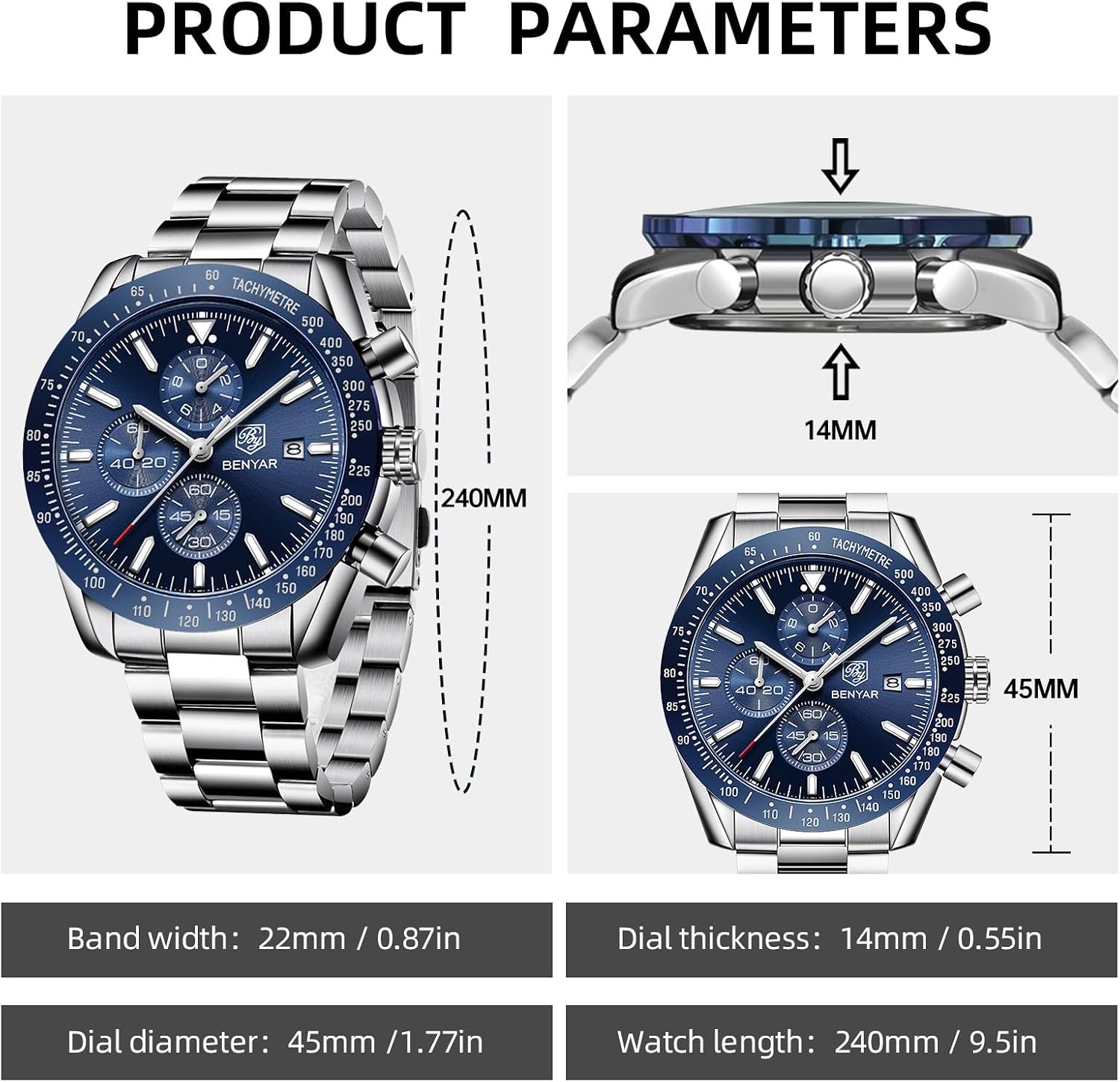 Detalle de BY BENYAR CFBY5140-8 herenhorloge met quartz, chronograaf en leren band