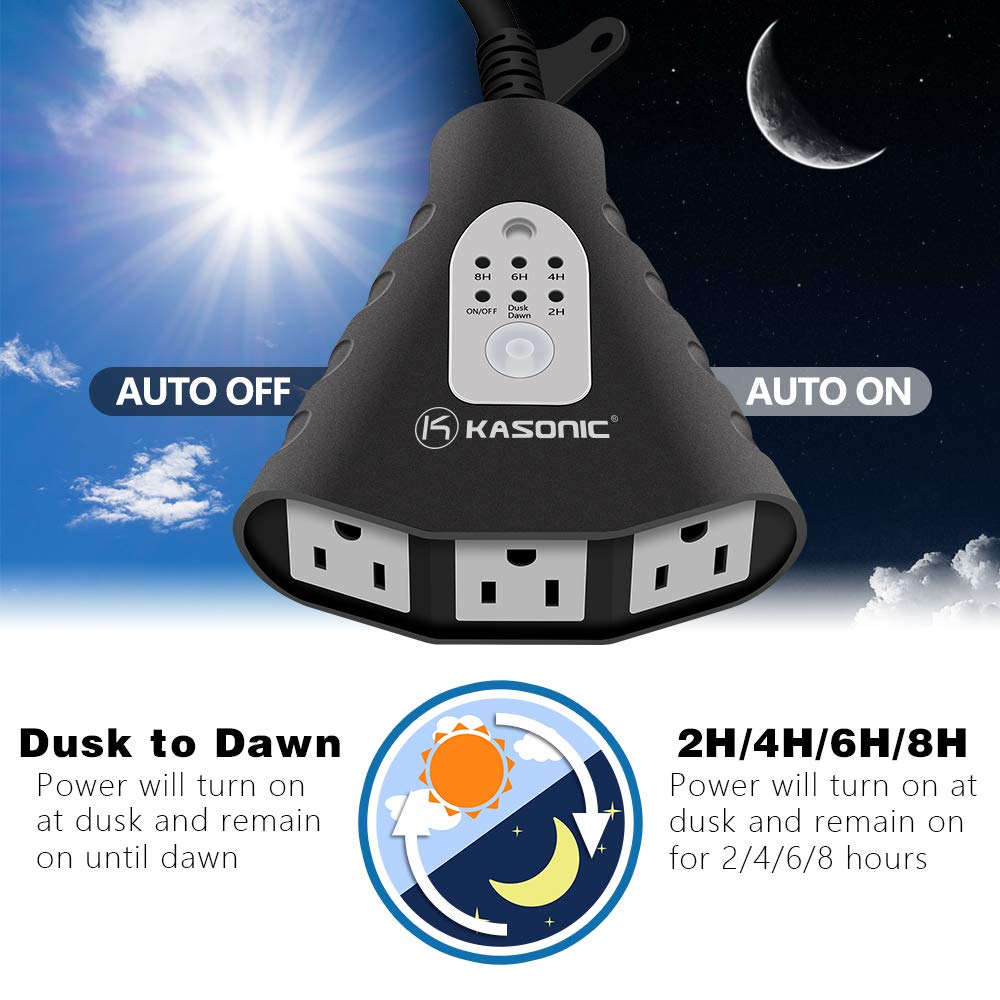 Detalle de K KASONIC Outdoor Light Timer Outlet with Light Sensor, Remote and 3 Grounded Outlets