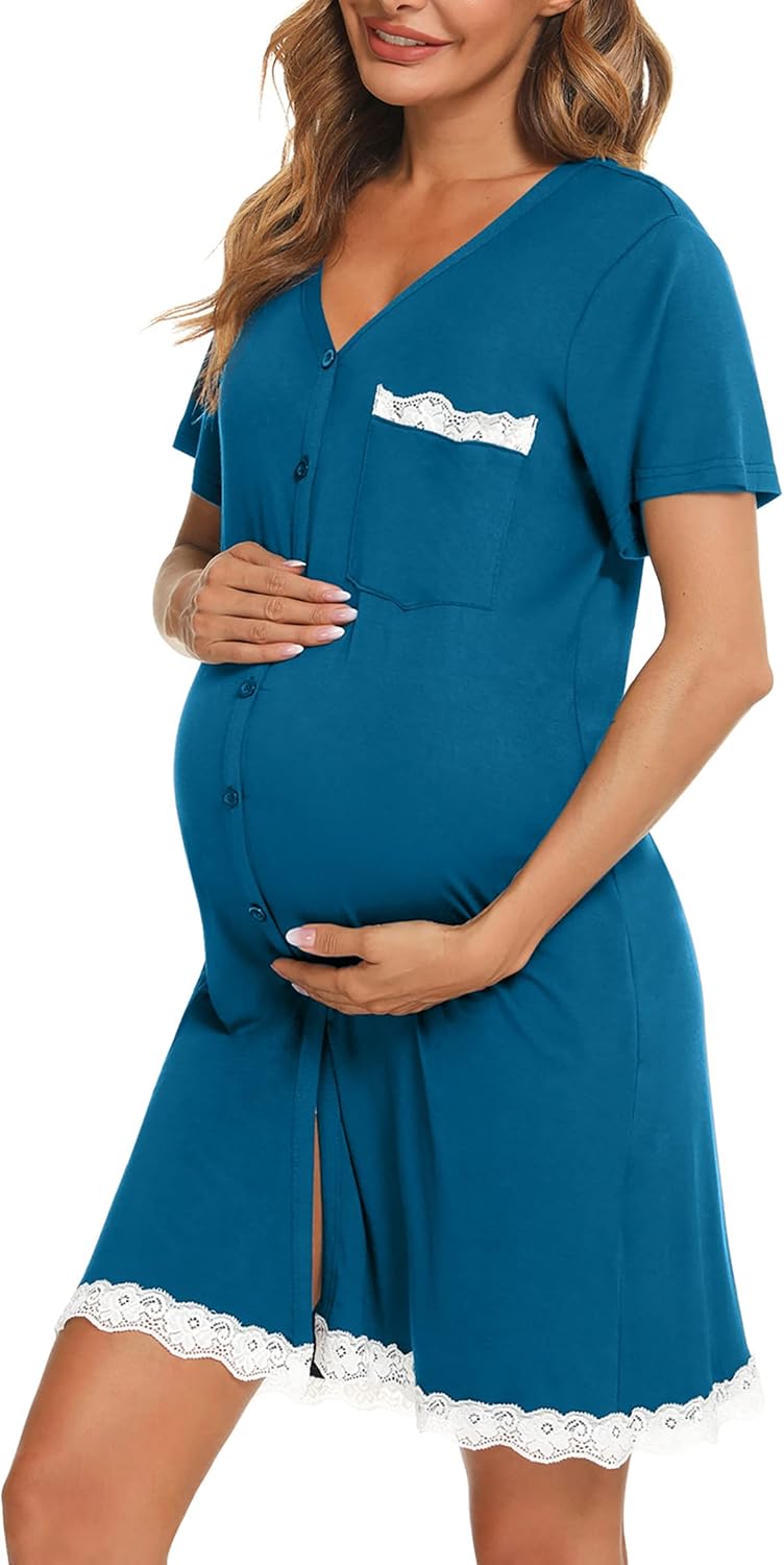 Detalle de Uniexcosm Stillnachthemd Damen Kurzarm Baumwolle – Umstandsnachthemd mit Knopfverschluss und Spitze