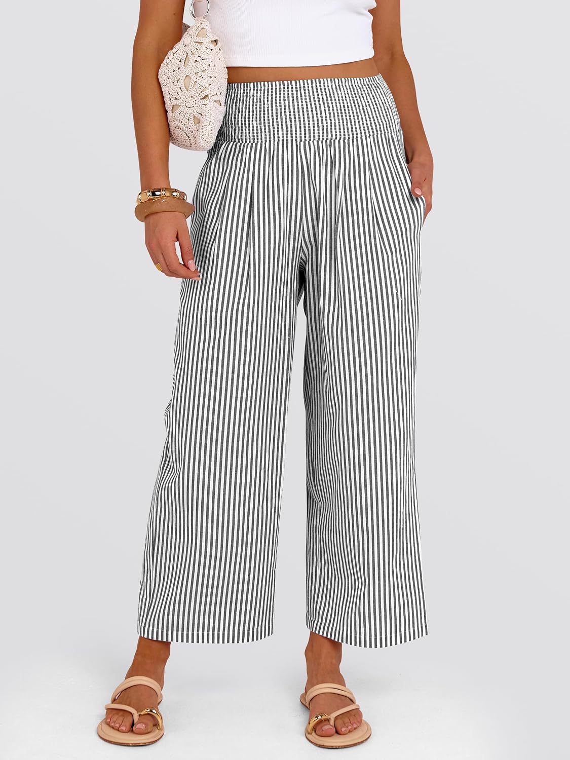 Detalle de ANRABESS Striped Gingham Palazzo Pants — High-Waisted, Cropped Wide-Leg Lounge Bottoms