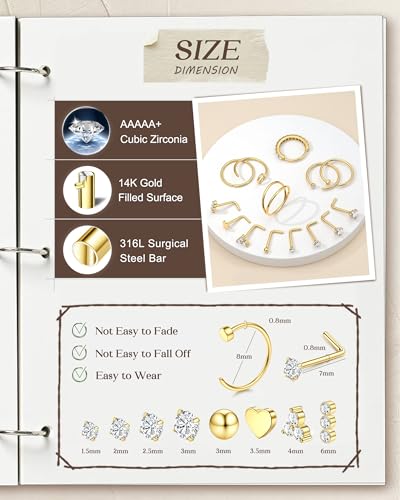 Detalle de CASSIECA 20G Gold Nose Ring & Stud Kit – Hypoallergenic 316L Surgical Steel with CZ Diamonds