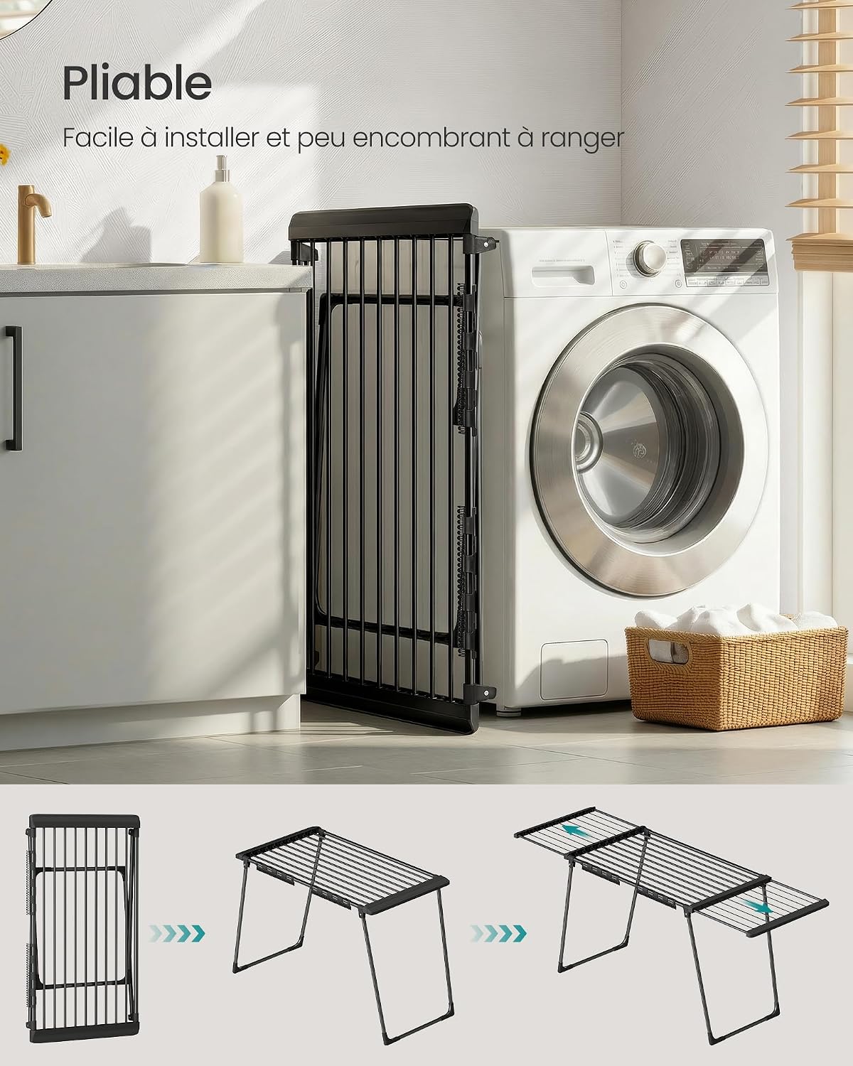 Detalle de SONGMICS Étendoir à Linge sur Pied avec Ailes Extensibles – 22 m, Porte-Chaussettes, Noir LLR522BH01
