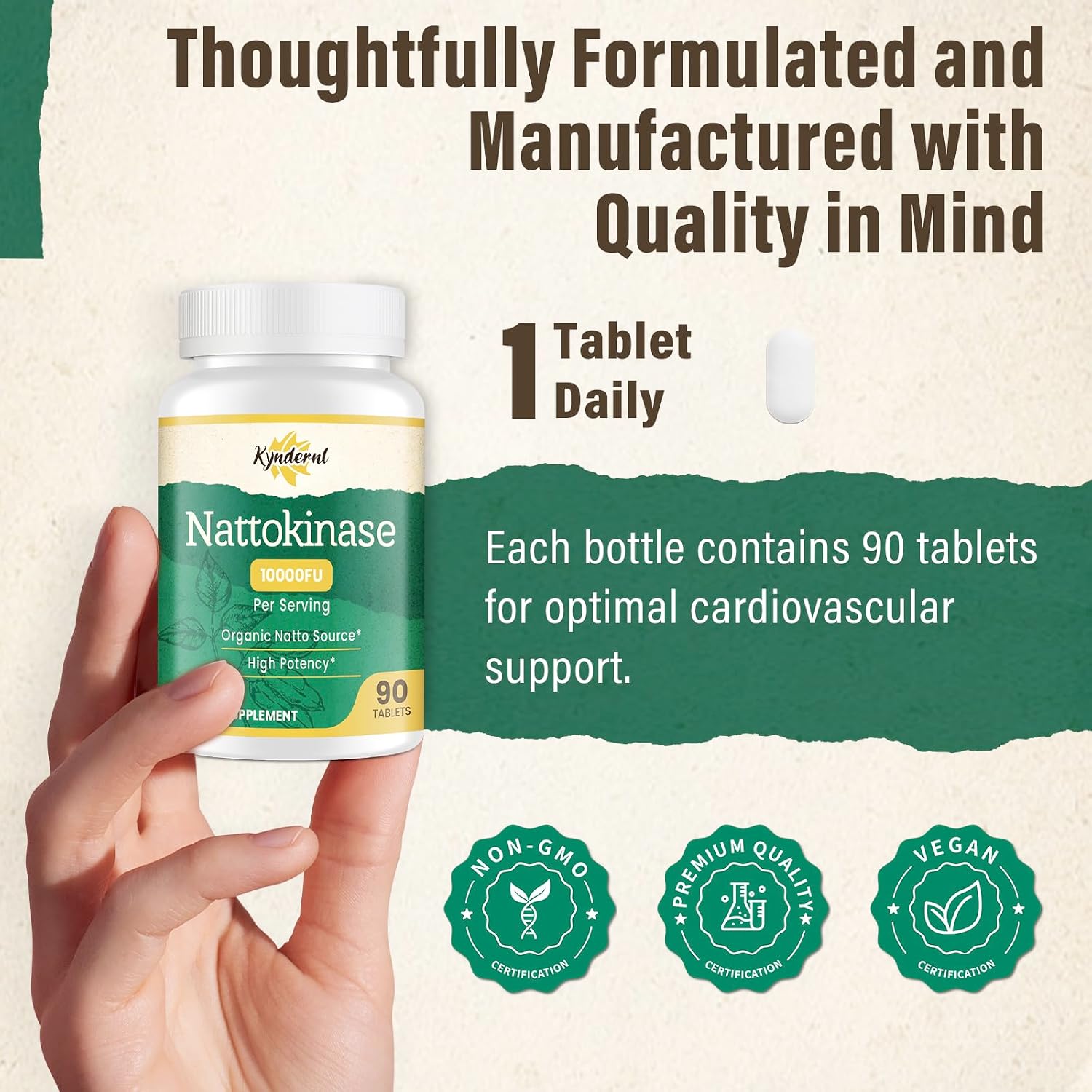 Detalle de KYNDERNL Nattokinase Supplement, 10,000 FU, 180 Enteric-Coated Tablets