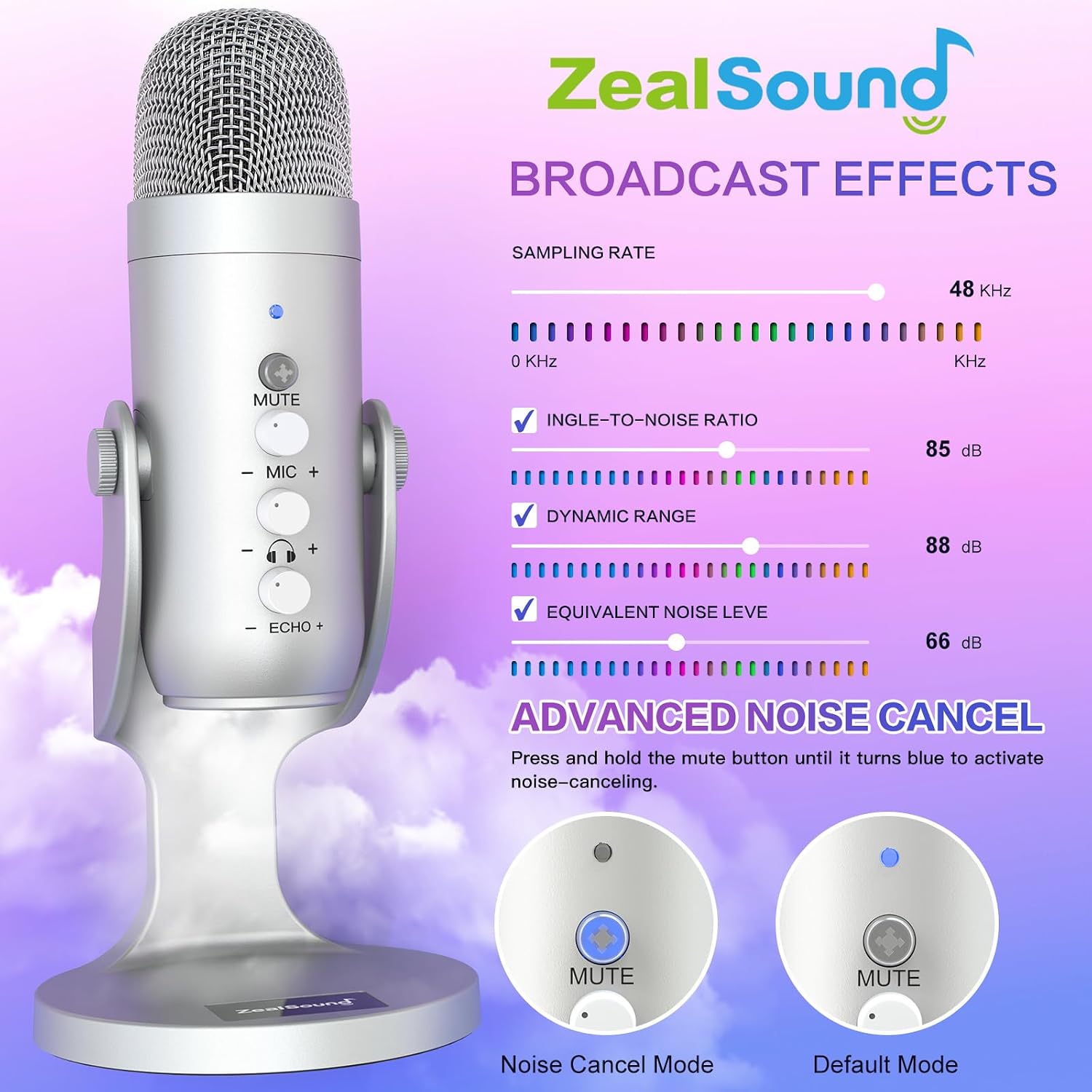 Detalle de ZealSound K66 USB Kondensator-Mikrofon – Plug & Play für PC, Laptop und Handy (Silber)
