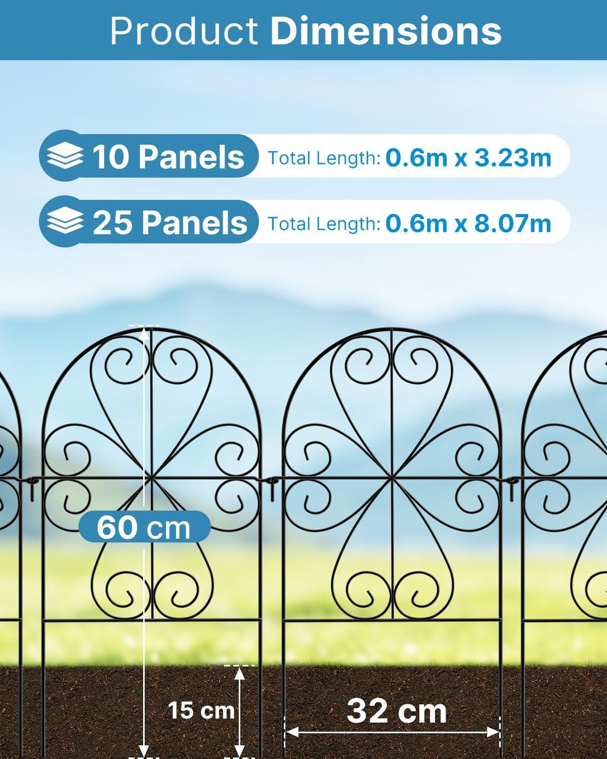 Thumbnail 1 de ARIFARO Metal Garden Fence Panels (59cm H x 32cm W), 25 Pack, Black – no-dig, rust-resistant outdoor barrier