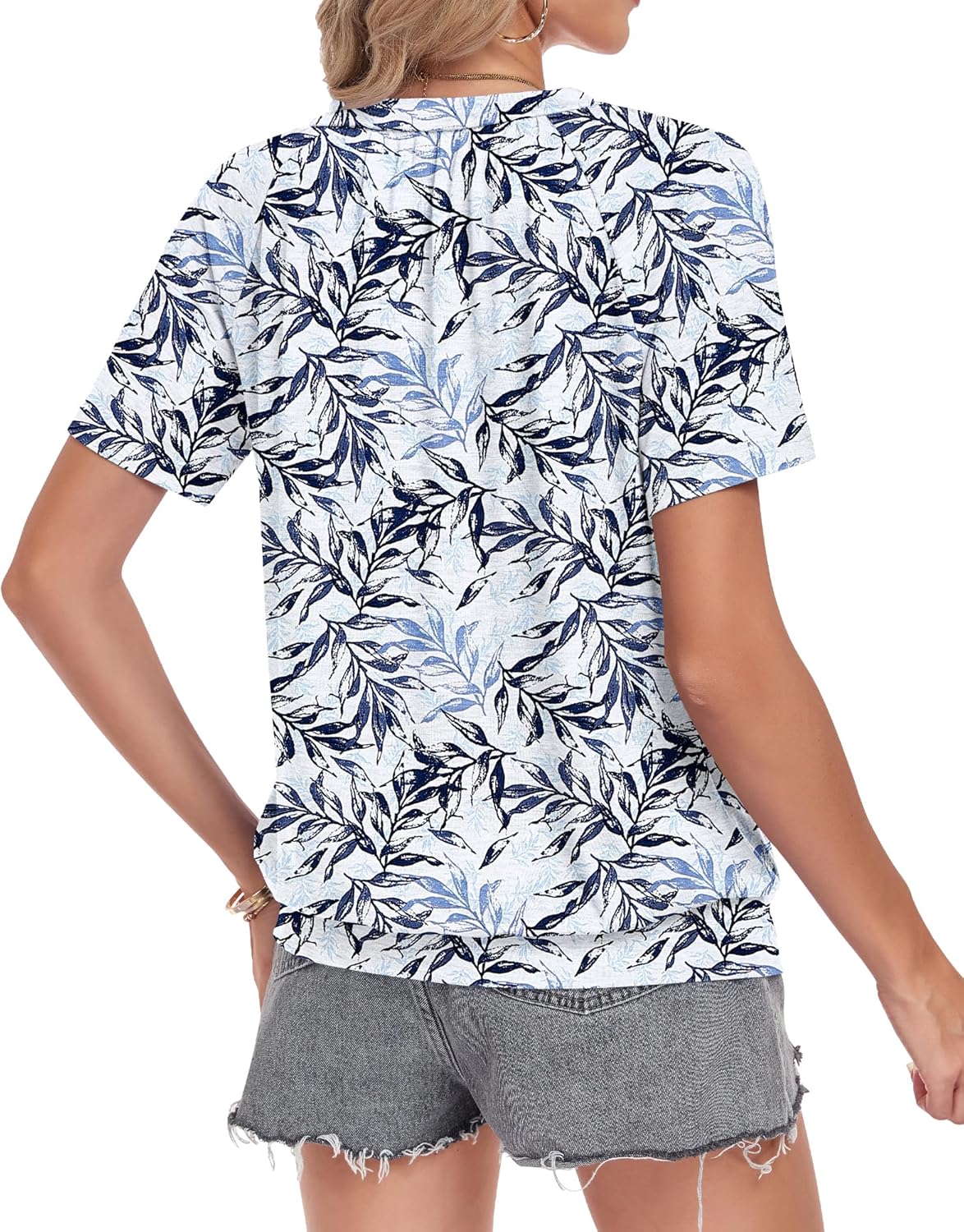 Thumbnail 3 de WNEEDU Tee Shirt Femme Col V Plissé Été - Haut Décontracté à Manches Courtes