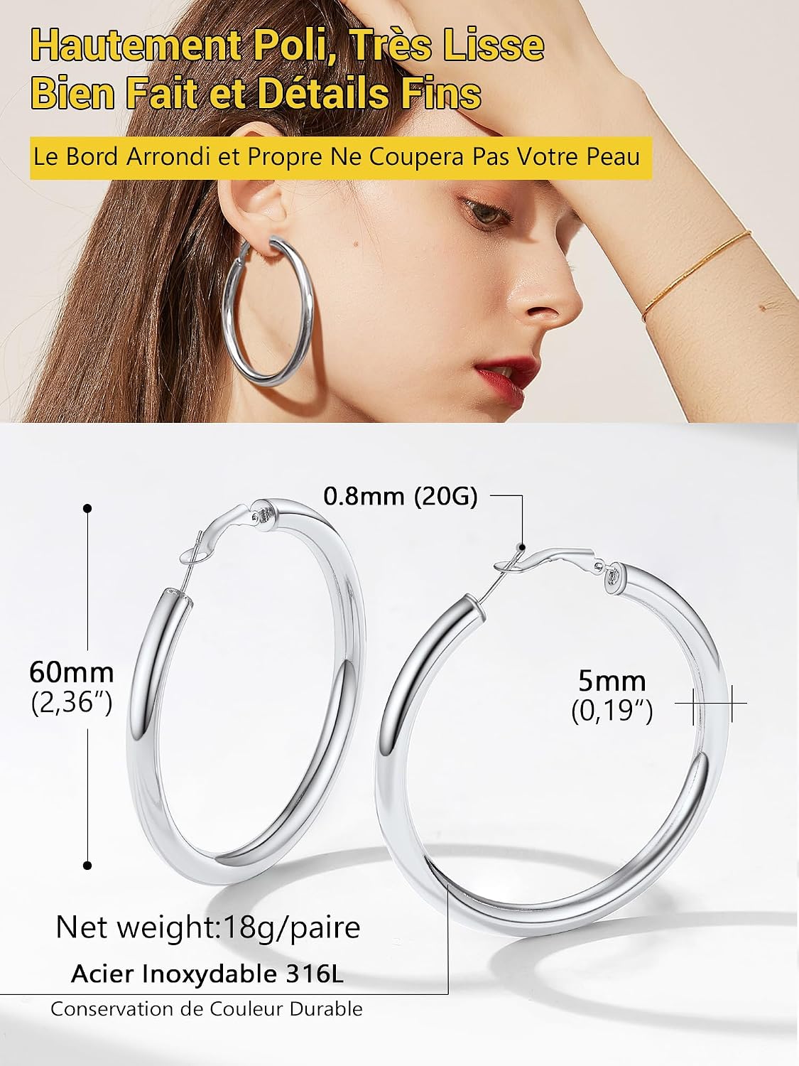 Detalle de PROSTEEL Boucles d’oreilles créoles femme style 90s, acier inoxydable (20/30/40/60/80 mm) épaisses