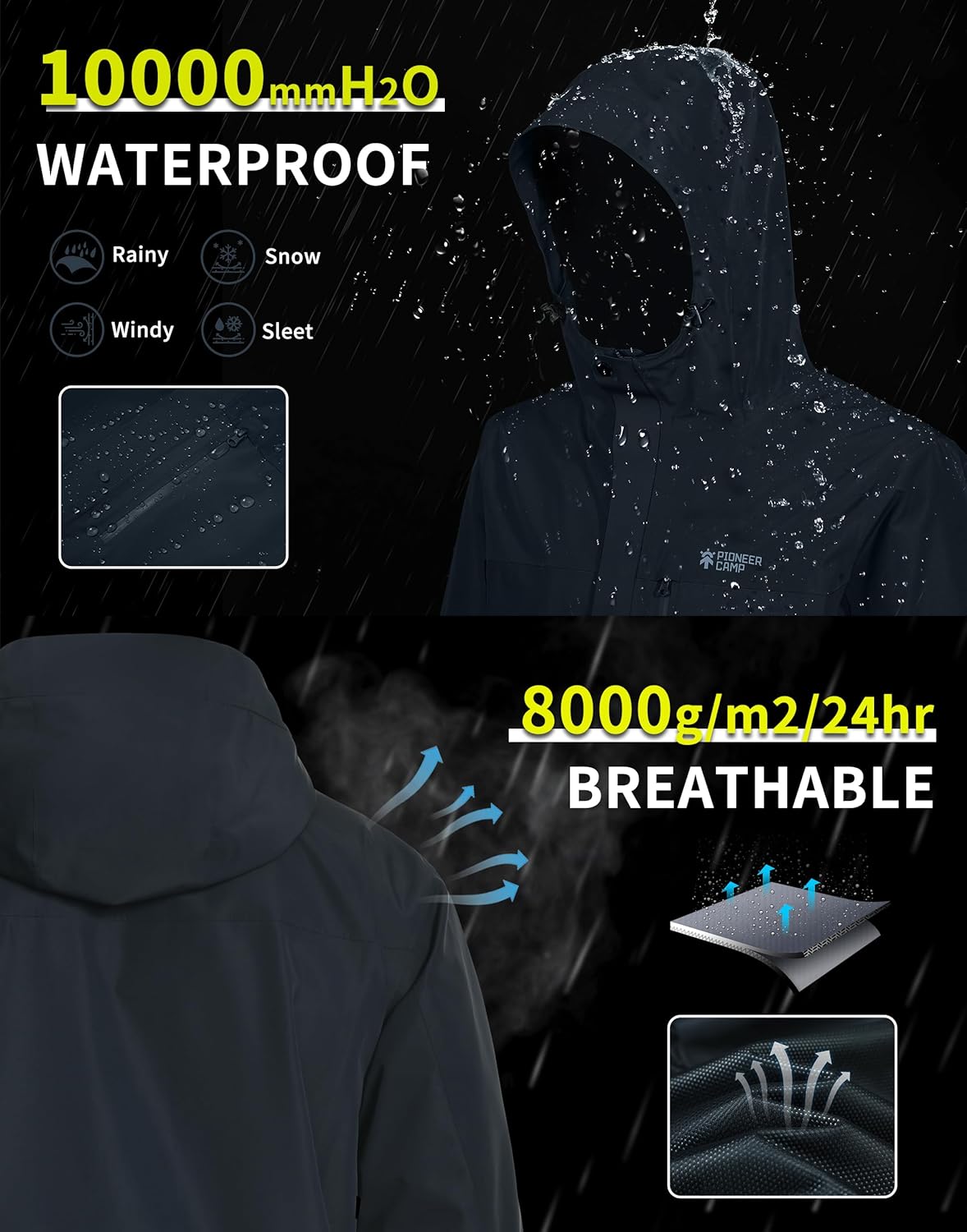 Detalle de Pioneer Camp Herren Regenjacke: Wasserdicht, atmungsaktiv und vielseitig für Outdoor-Einsätze