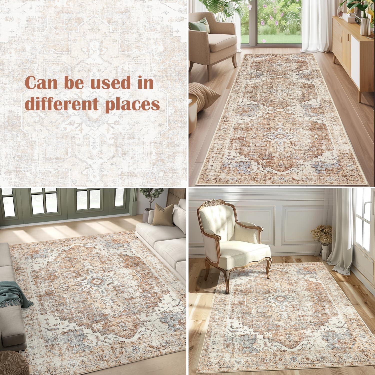 Detalle de JINCHAN ZDJCRGKABUL-3x10-D Runner Rug, 3' x 10', Washable Floral, Brick Red