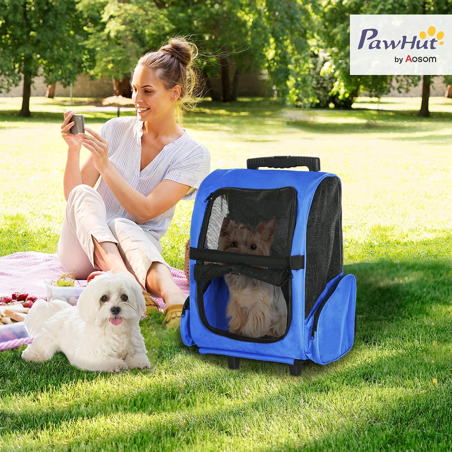 Detalle 2 de PawHut Pet Travel Backpack Bag Carrier with Trolley and Telescopic Handle (Blue)