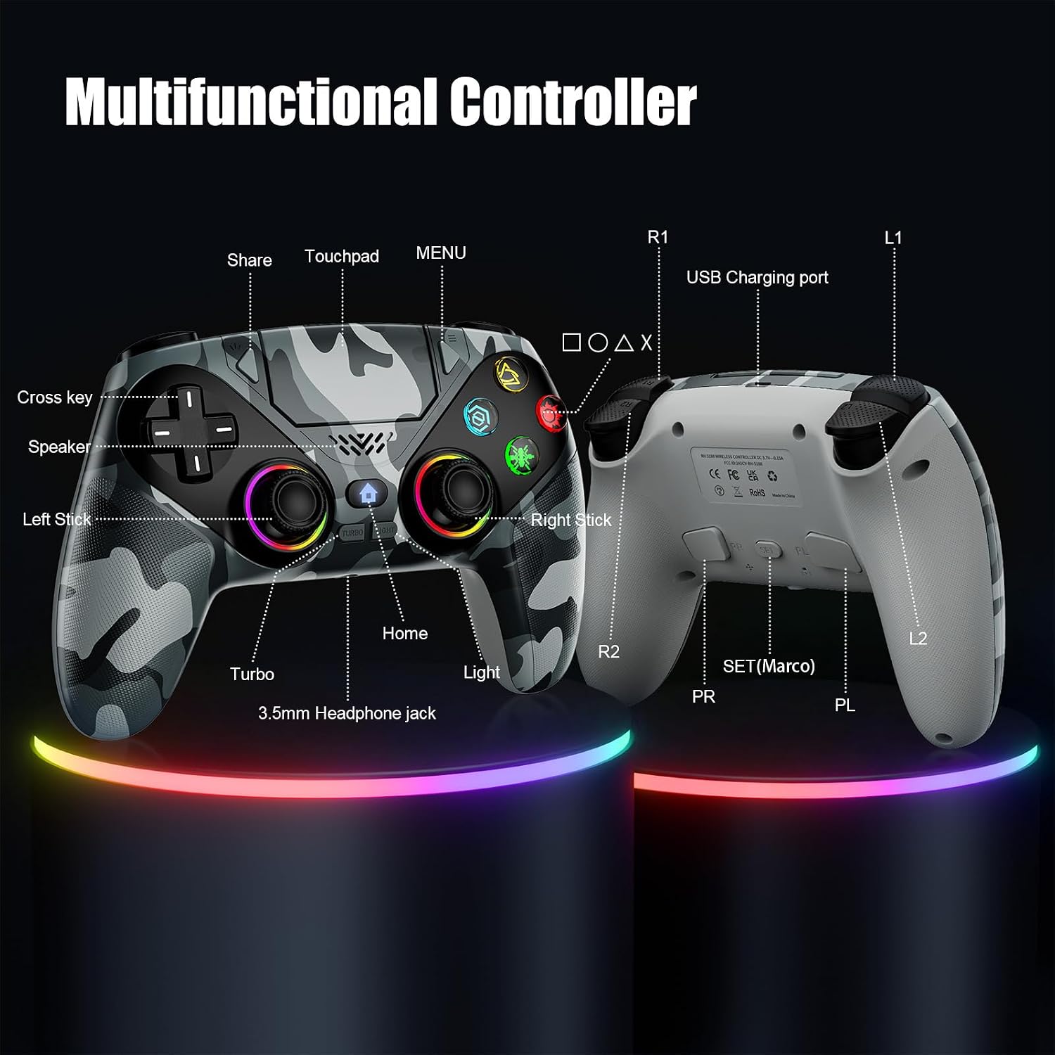 Thumbnail 4 de Dinosoo RGB Wireless Controller for PS5/Pro/Slim/PC – Camouflage Gray