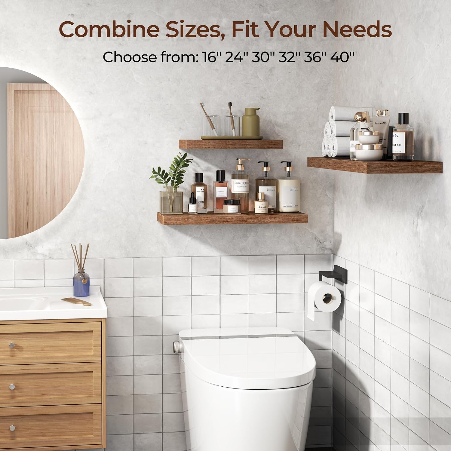 Detalle 2 de Fun Memories FS-MDF62 16-Inch Floating Shelves, 8-Inch Deep, Brown, 3-Pack