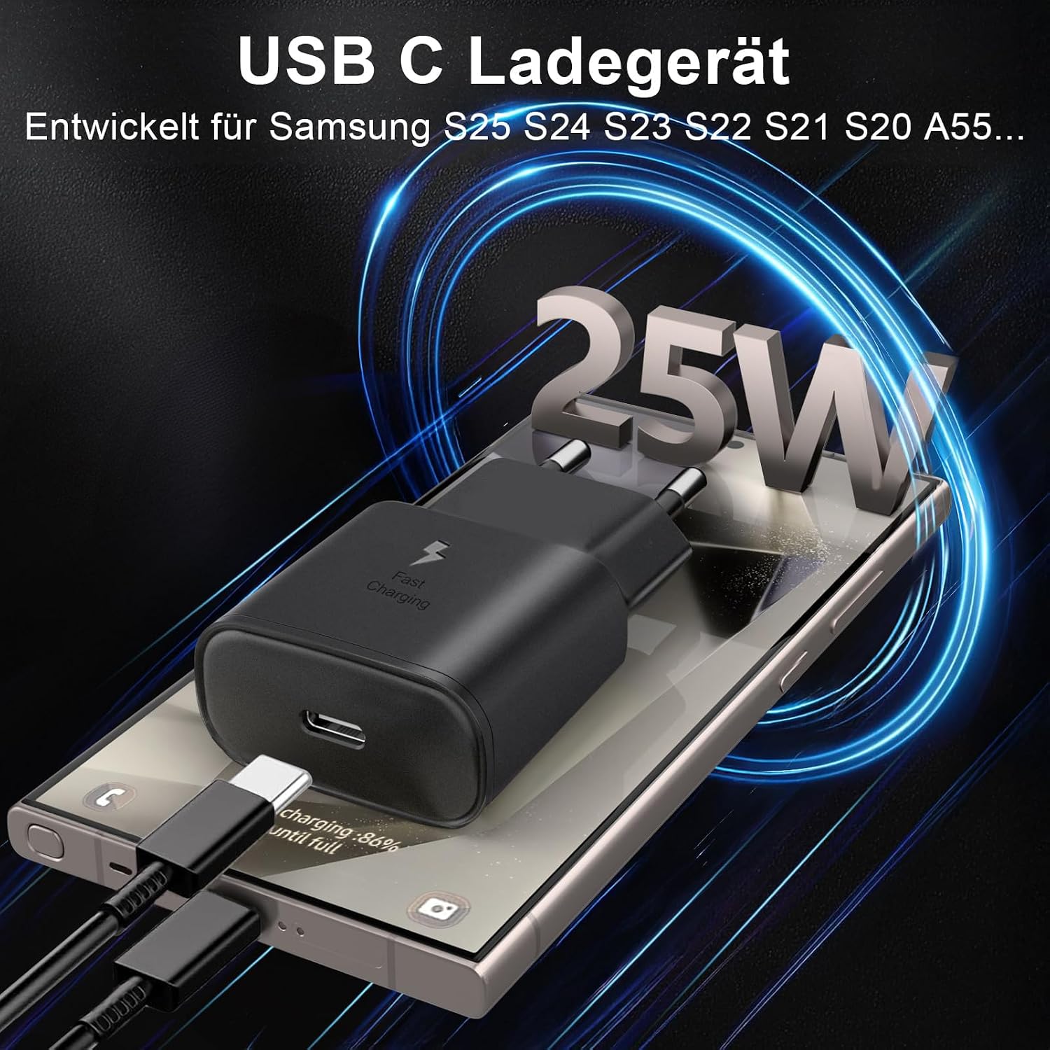Detalle 2 de 25W USB-C Schnellladegerät mit Kabel für Samsung Galaxy – kompakt, sicher, vielseitig