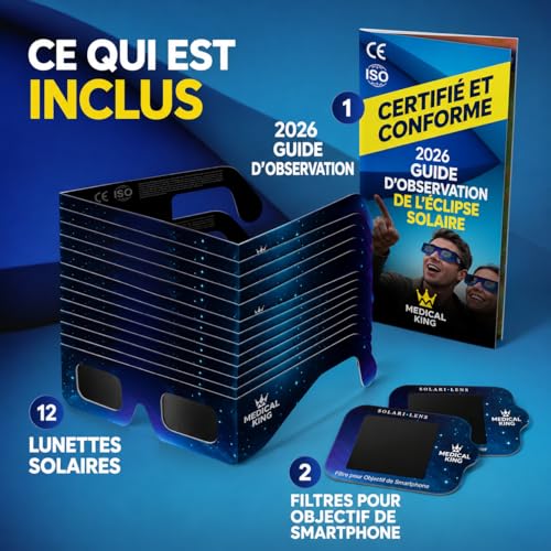 Detalle de Lunettes Eclipse Solaire 2026 – Lot de 12 Paires Premium avec 2 Filtres Solaires pour Smartphone | ISO 12312-2, CE