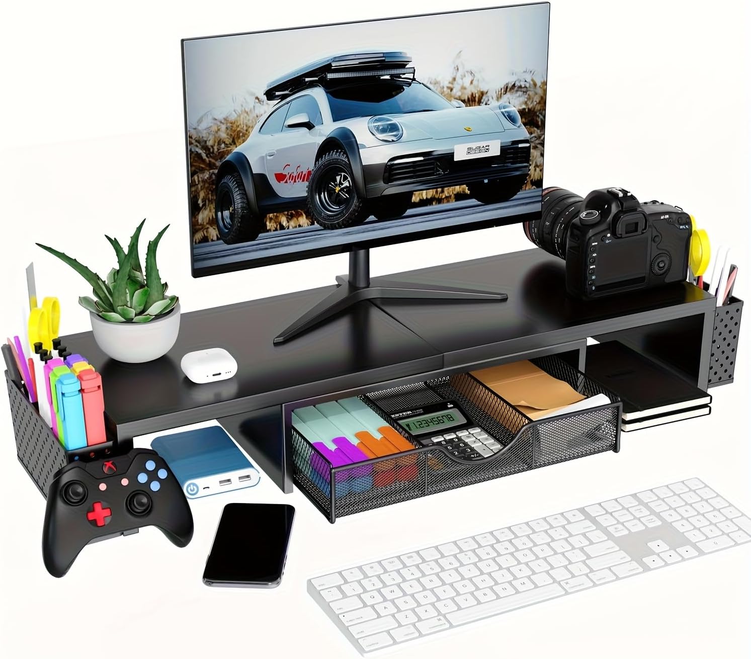 Thumbnail 6 de Pygocereri dual monitor stand riser with drawer and pen holders (adjustable height/angle) – metal black