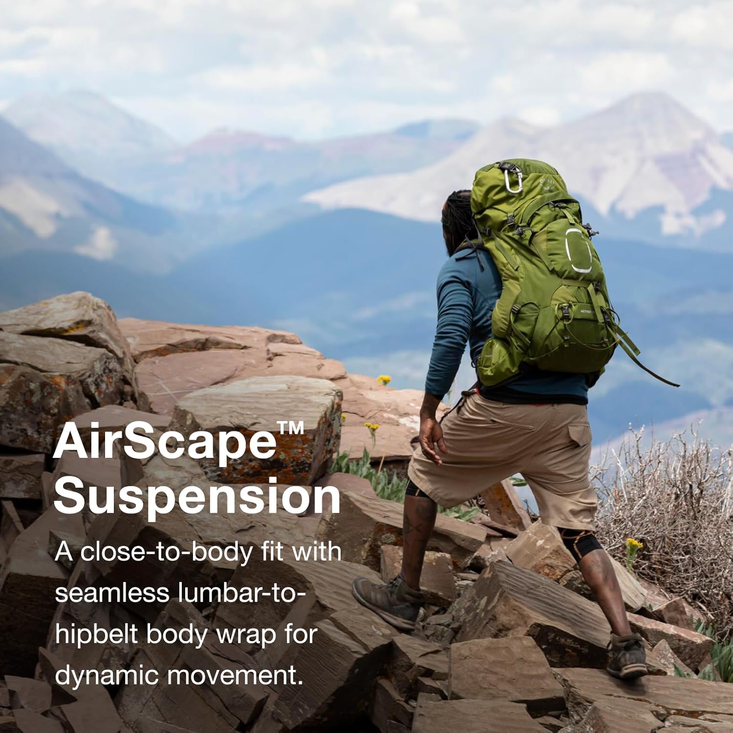 Detalle de Osprey Aether Men’s Backpack — adjustable fit with AirScape back panel for heavy loads