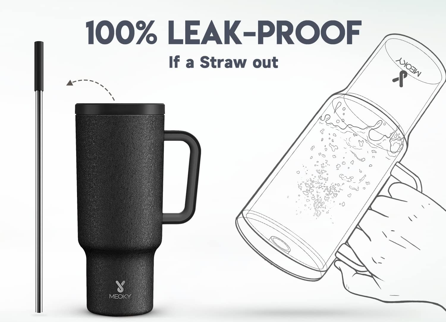 Detalle de Meoky 40oz Tumbler with Handle — Leak-Proof Lid, Straw, and Insulated Stainless Steel Travel Mug
