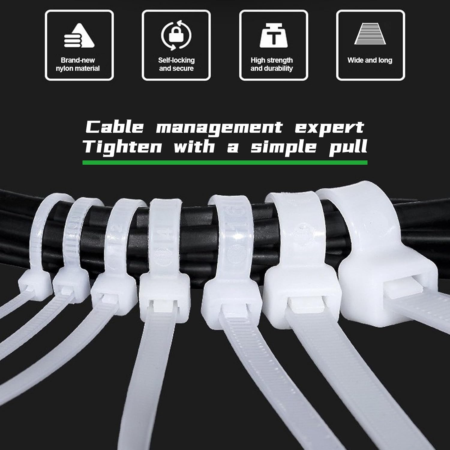 Thumbnail 1 de 100PCS Cable Ties Heavy Duty 600mm Long UV-Resistant Nylon 66 Tie Wraps